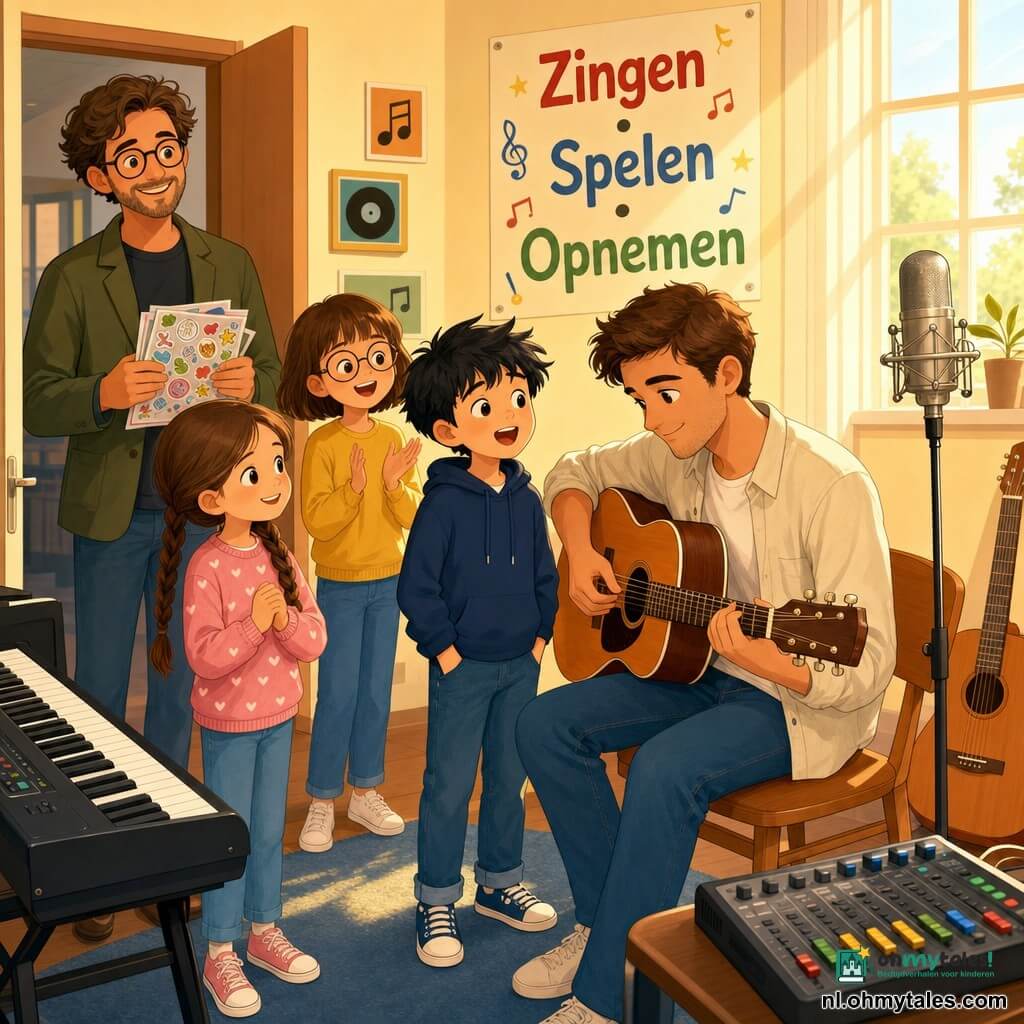 Een jonge man, Milan, vriendelijk en glimlachend, bruine korte haren, lichte blouse en jeans, zit op een houten stoel en speelt zacht gitaar; een jongen van circa 9 jaar, Sam, verlegen maar nieuwsgierig met zwarte warrige haren en handen in zijn zakken, staat dicht bij Milan en zingt zacht "do re mi" terwijl hij naar de gitaar kijkt; een meisje van circa 8 jaar met lange bruine vlechten staat links van Sam, glimlachend met samengevouwen handen; een ander meisje van circa 8 jaar, Noor, met kort haar en ronde bril klapt zachtjes op de achtergrond; een volwassen docent met bril en nette jas staat bij de deur met een stapel stickers en een bemoedigende blik; de lichte, warme muziekkamer heeft crèmekleurige muren met een grote poster "Zingen • Spelen • Opnemen", een zwart keyboard, een microfoon op een zilveren standaard, een kleine mixer en een gitaar tegen de muur; sfeer teder en vrolijk, Milan begeleidt de kinderen bij het zingen van drie tonen, zachte gezichten, heldere kleuren en gouden licht dat door het raam valt.