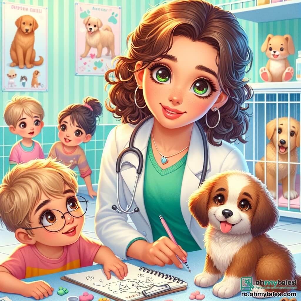O veterinară zâmbitoare, Sofia, o femeie de aproximativ treizeci de ani cu părul creț și ochii strălucitori de bucurie, se apleacă cu blândețe spre un adorabil cățel numit Max, pe care îl examinează cu atenție. Poartă un halat alb, un stetoscop la gât, iar fața ei exprimă o profundă compasiune și determinare. Lângă ea, un băiat de 8 ani, Andrei, cu părul blond și ochelari rotunzi, observă cu atenție, având ochii mari de uimire. Ține în mâini un carnet de schițe, pregătit să deseneze ceea ce vede. Un pic mai departe, o fetiță de 7 ani, Mia, cu împletituri brune și un tricou colorat, se apropie timidă, fascinată de cățel și zâmbind entuziast. Scena se desfășoară într-o clinică veterinară luminoasă și primitoare, cu pereți vopsiți în verde pastel, afișe educaționale despre animale și cuști transparente care conțin animale în așteptarea îngrijirii. Jucării pentru animale sunt împrăștiate pe podea, adăugând o notă de veselie atmosferei. Sofia examinează cățelul Max, care pare puțin nervos, în timp ce Andrei și Mia îl observă cu curiozitate, nerăbdători să învețe cum să aibă grijă de animale. Este un moment de descoperire și învățare, unde pasiunea pentru animale și empatia se întâlnesc într-un cadru cald și prietenos.