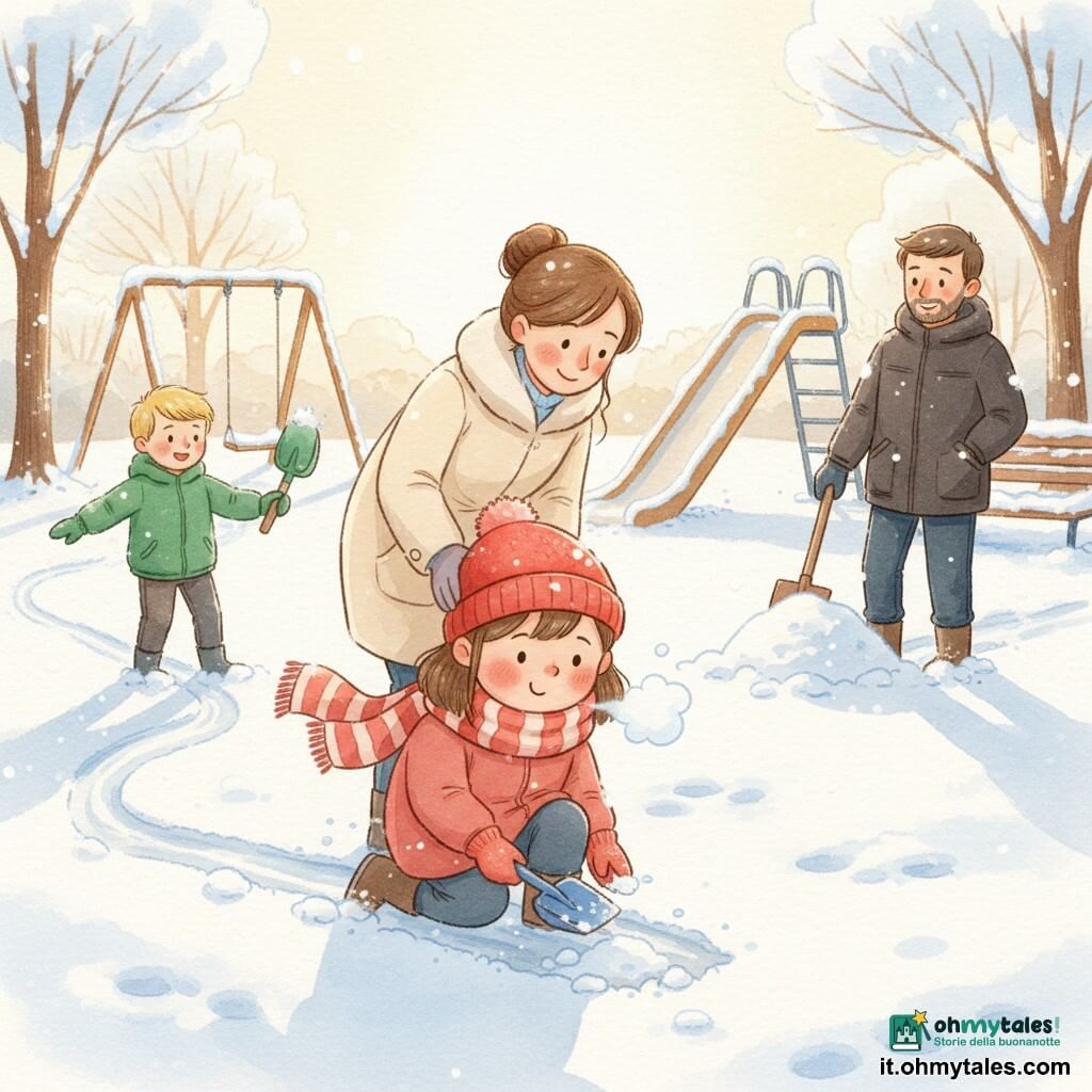 Bambina di 4 anni dal viso rotondo, guance rosate e naso leggermente luminoso, sorriso concentrato, con berretto rosso, grande sciarpa a righe e muffole, accovacciata con una pala blu mentre scava una piccola traccia nella neve; la mamma, capelli castani raccolti e cappotto crema, la guarda con sguardo benevolo e una mano sulla spalla; il papà, leggera barba e parka scuro, sorride tenendo una pala più grande accanto a un piccolo cumulo di neve; il bambino di circa 6 anni, Leo, biondo con anorak verde, entusiasteggia mostrando una lunga traccia a sinistra con la sua pala verde; parco invernale con neve fresca e tracce croccanti, altalena e panchina innevate, sole basso dorato e ombre lunghe; scena calda e pacifica, il respiro visibile della bambina e la sua fierezza dolce che esprimono perseveranza e sostegno familiare.