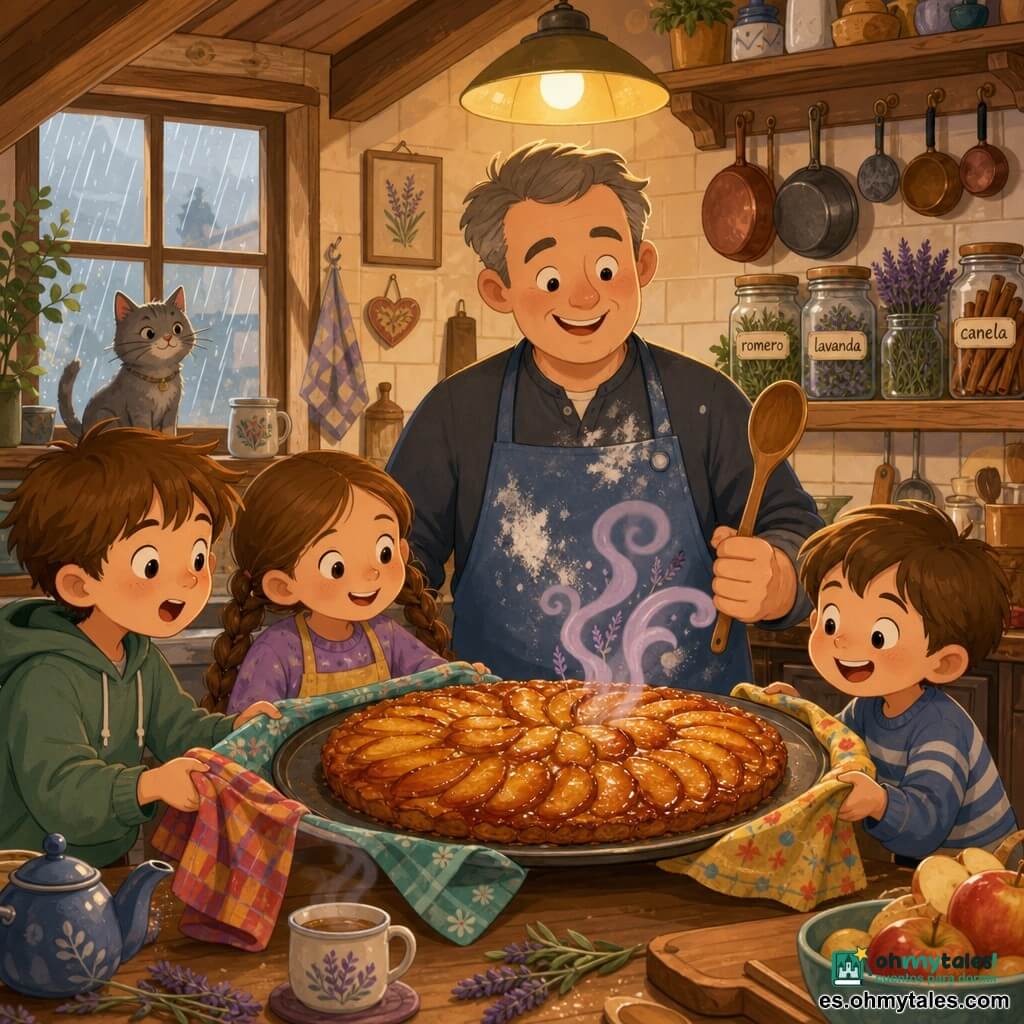 Un hombre llamado Mateo, de mediana edad, rostro redondo y sonriente, piel clara y cabello corto canoso, con un delantal azul manchado de harina, sostiene una cuchara grande de madera y vigila con calma una bandeja de manzanas caramelizadas; a su izquierda, un niño de unos 8 años, cabello castaño alborotado, sostiene el primer paño y mira la bandeja maravillado, junto a él una niña de unos 6 años, con el pelo largo trenzado, sonríe sujetando el segundo paño para estabilizar la bandeja, y al final de la cadena un niño de 5 años, pequeño y risueño, sostiene otro paño concentrado en no dejar caer la bandeja. Un gato gris de tejado está en la repisa junto a la ventana observando la escena. La cocina bajo el techo es pequeña y alta con vigas de madera, paredes de azulejos claros, cacerolas colgando, estantes con frascos etiquetados a mano "romero", "lavanda", "canela" y una gran ventana con lluvia fina; la luz dorada de una lámpara calienta los colores. Situación principal: los niños forman una cadena con paños de colores para llevar la bandeja de manzanas caramelizadas a la mesa mientras Mateo guía y aprieta suavemente la mano de un niño, con vapor aromático de tisana en volutas lila, ambiente seguro y gestos cooperativos. Estilo: colores suaves, formas simples y redondeadas, contrastes cálidos, texturas planas y composición centrada en los rostros felices y la bandeja brillante de caramelo.