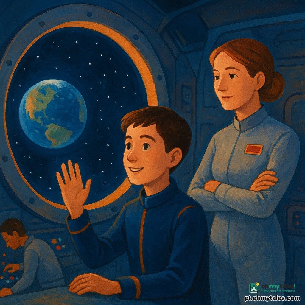 Um rapaz de ~13 anos sentado junto a um grande escotilha redonda, rosto sereno e maravilhado, mão no vidro como a tocar as estrelas, vestindo um uniforme espacial azul-marinho com detalhes laranja; a comandante Sara, ~38 anos, de pé ao lado com postura protetora, mãos cruzadas e olhar benevolente, uniforme cinza claro com distintivo de comando; o engenheiro Pedro, ~35 anos, ao fundo inclinado sobre um painel de controlo com botões coloridos e uma pena ou lata flutuante indicando microgravidade; interior de cabine espacial circular com superfícies metálicas foscas, painéis de botões redondos multicoloridos, cabos organizados, luzes azul profundo e laranja quente, grande escotilha mostrando a Terra azul e estrelas; cena calma e íntima, cores contrastantes (azul noite, laranja quente, toques de branco) com textura de gouache e pinceladas suaves.