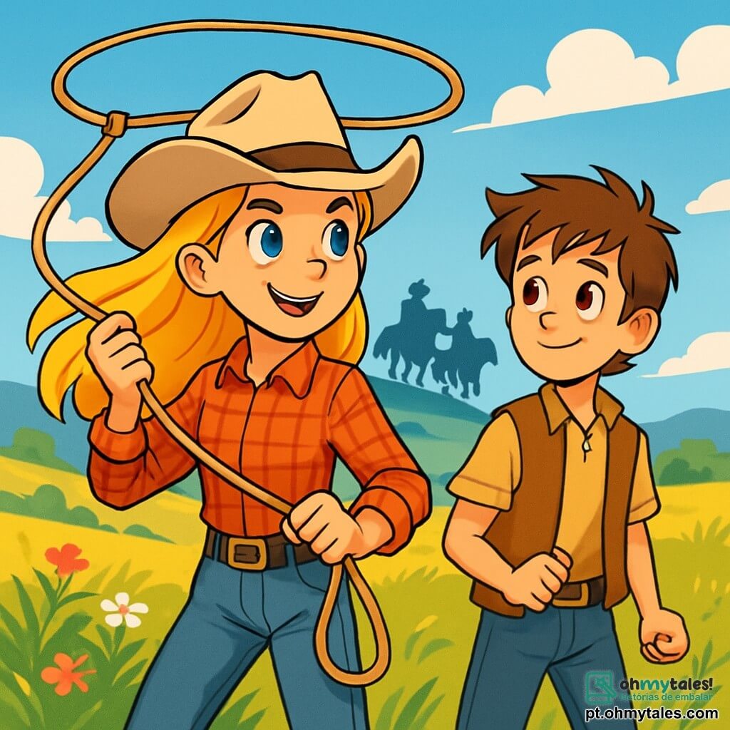 Uma jovem cowgirl, Lúcia, está no centro da imagem, com longos cabelos dourados ao vento e olhos azuis cheios de determinação. Ela usa um chapéu de cowboy bege, uma camisa xadrez vermelha e um jeans desgastado, segurando um laço com um sorriso confiante no rosto. Ao seu lado, Jake, um garoto de cerca de 12 anos, tem cabelos castanhos bagunçados e veste um colete de couro. Ele olha para Lúcia com admiração, pronto para ajudar. O cenário é uma vasta e ensolarada pradaria, salpicada de flores silvestres coloridas e colinas ondulantes ao longe, sob um céu azul claro com algumas nuvens brancas. A cena mostra Lúcia e Jake se preparando para enfrentar um grupo de Forasteiros, bandidos ameaçadores ao longe, montando cavalos escuros, cujas silhuetas se destacam no céu. A atmosfera é tensa, mas cheia de esperança, com uma leve brisa fazendo as altas ervas dançarem ao redor deles.
