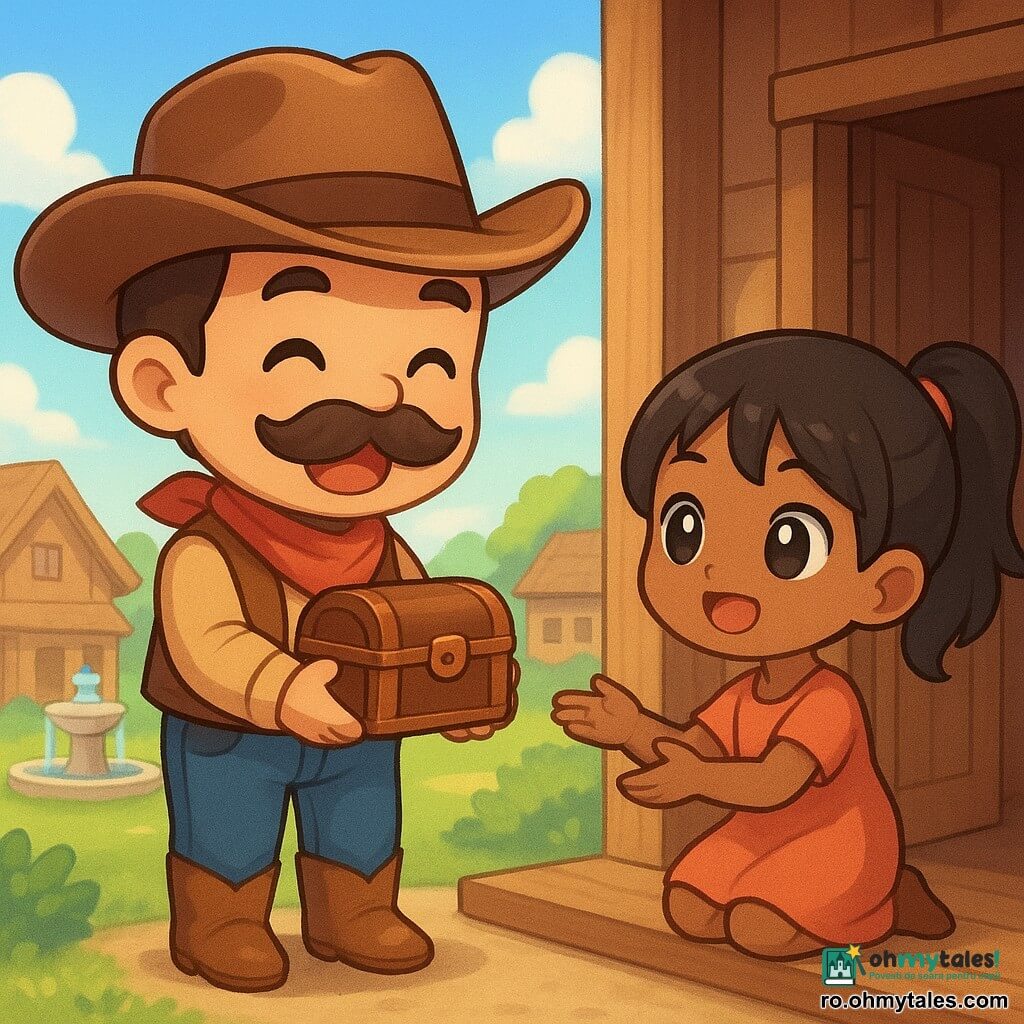 Un cowboy, Matei, cu o mustață mare și un zâmbet larg, poartă o pălărie de cowboy și cizme prăfuite. El ține o cutie mică de piele strâns la piept, exprimând o bucurie radiantă. Lângă el, o fată de 10 ani, Lucia, cu părul negru prins în coadă de cal și ochi sclipitori, privește cutia cu uimire. Ea stă pe pragul unei case de lemn. În fundal, un mic sat cu case din lemn și fântâni cu apă cristalină sub un cer albastru strălucitor. Scena principală îl arată pe Matei înmânând cutia Luciei, înconjurați de o atmosferă caldă și luminoasă, simbolizând promisiunea și speranța.
