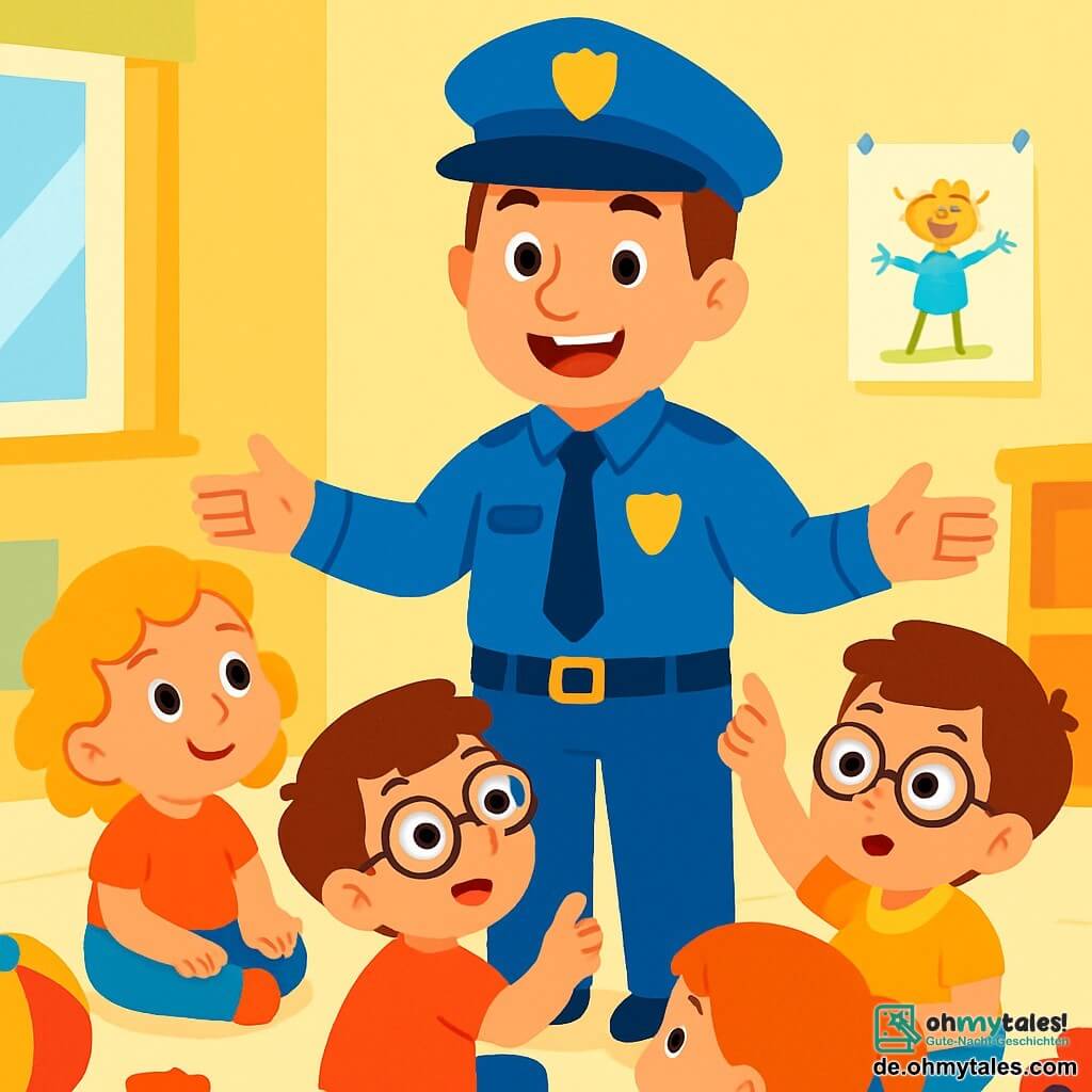 Ein Polizist namens Paul, lächelnd und freundlich, trägt eine große blaue Mütze und eine leuchtend blaue Uniform. Er steht in der Mitte, mit offenen Armen, bereit, mit den Kindern zu sprechen. Um ihn herum sitzen mehrere Kinder im Kreis. Ein 5-jähriges Mädchen mit lockigem, blondem Haar schaut Paul mit staunenden Augen an. Neben ihr hebt ein 6-jähriger Junge mit Brille und braunen Haaren die Hand, um eine Frage zu stellen. Die Szene spielt in einem hellen Klassenzimmer mit bunten Wänden, Kinderzeichnungen an den Wänden und verstreuten Spielzeugen auf dem Boden. Paul erklärt den Kindern, was ein Polizist macht, mit einem breiten Lächeln und lebhaften Gesten, während die Kinder aufmerksam zuhören, fasziniert von seiner Geschichte.
