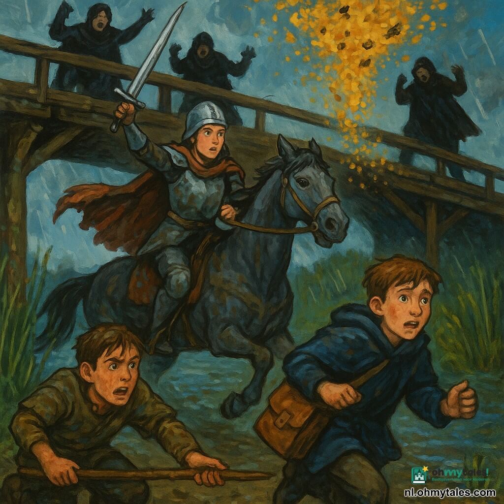 Een vrouwelijke ridder (meisje) met vastberaden blik, natte moddercape en eenvoudige gekerfde pantser houdt met één hand een geheven zwaard en leidt met de andere een donkergrijs galopperend paard over een modderige oever onder een oude houten voetgangersbrug; op de voorgrond links knielt Bram (~16) met natbruin haar in de modder en gooit een lange houten lans naar een bijenkorf verborgen onder de reling, terwijl achter hem Jorek (~15), klein en met sproeten, met een natte mantel een leren beurs met verzegelde brieven vasthoudt en achteruit rent naar het pad; drie schimmige bandieten met donkere capes staan boven op de brug, verrast en terugdeinzend terwijl één roept en anderen vallen, hun laarzen kraken op versleten planken; het toneel: krakende brug met gebarsten planken en met mos bedekte palen, zwarte wateren en natte rietstengels, loodgrijze regenlucht en modderige voetafdrukken; het dramatische ogenblik waarop Brams lans de korf raakt en een kolkend wolkje gouden bijen omhoog jaagt naar de bandieten terwijl de ridder de boodschapper dekt en haar paard voortduwt om te ontsnappen, dynamische compositie met sterk contrast tussen donkere modder, zilverachtig pantser en geel zwerm.