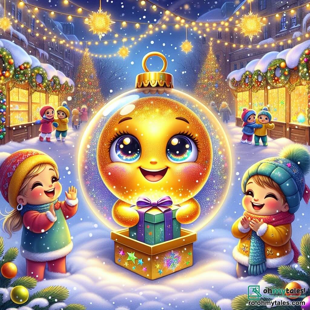 Un glob de Crăciun numit Bănuț, cu un zâmbet radiant și ochi strălucitori, se află în centrul imaginii, ținând o cutie mică aurie plină de stele strălucitoare. Este înconjurat de fulgi de zăpadă care cad ușor în jurul lui, exprimând o bucurie contagioasă. La stânga sa, o brățară colorată cu motive strălucitoare zâmbește și îl încurajează, iar ochii săi strălucesc de entuziasm. La dreapta, Culoarea, un glob de Crăciun în culori vii, aplaudă cu entuziasm, cu brațele ridicate, împărtășind bucuria momentului. Decorul este un târg de Crăciun feeric, cu standuri decorate cu ghirlande luminoase, brazi împodobiți cu globuri colorate și copii jucându-se în zăpadă. Scena este luminată de o lumină caldă și blândă, evocând spiritul Crăciunului. În prim-plan, Bănuț, cu cutia sa prețioasă, este pe punctul de a face o surpriză magică pentru cea mai bună prietenă, Steaua, în timp ce stelele strălucitoare din cer adaugă o notă de magie întregii scene.