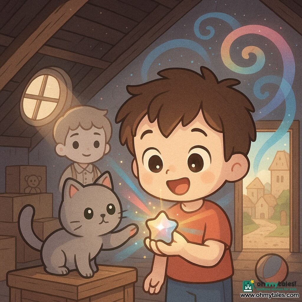 A 6-year-old boy with a round face, tousled brown hair, big bright eyes and a surprised smile holds a small shining starstone that emits iridescent light illuminating his face, standing in awe; a gray soft-furred cat named Whiskers with round green eyes perches on a crate beside him with a paw raised toward the stone; a boy called Timmy, about 6, in old-fashioned clothes (simple beige shirt and suspenders) appears slightly translucent behind a circle of light with a friendly, curious expression near an open door showing an ancient village; the setting is a dusty attic with dark wooden beams, boxes, old toys and a round window with a beam of light; swirls of blue, pink and gold colors spiral from the stone to form a portal — a magical moment as the starstone activates a colorful vortex revealing a portal to the past, composition centered on the boy holding the stone, soft mood, vivid pastel colors, simple textures and rounded shapes in a minimal kawaii style with warm lighting and soft contrasts.