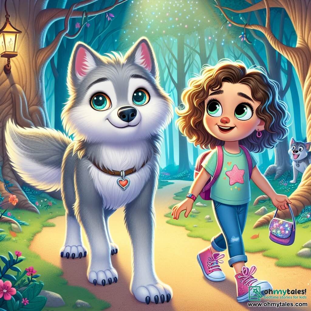 A young werewolf, Oliver, stands at the center of the scene with soft, fluffy light gray fur, sparkling curious eyes, and a small wagging tail. He shows an expression of excitement and determination, ready to take on a challenge. Next to him, Lily, a 10-year-old girl with curly brown hair, wears pink sneakers and a colorful t-shirt. She smiles widely, holding a small pouch filled with magical glitter, slightly leaning forward to encourage Oliver. Rufus, the large dark gray werewolf, stands behind Oliver in a protective posture with a caring look, ready to guide the two children on their adventure. The scene takes place in the enchanted Willowbrook forest, where majestic twisted trees rise around them, their leaves shimmering in vibrant colors under the sunlight. Colorful flowers blanket the ground, and magical creatures like fairies and butterflies flutter nearby, adding a touch of magic to the atmosphere. Oliver, Lily, and Rufus prepare to enter a mysterious maze, where laughter and echoes of magic can be heard in the distance, symbolizing the beginning of their adventure to recover the stolen crystal heart.