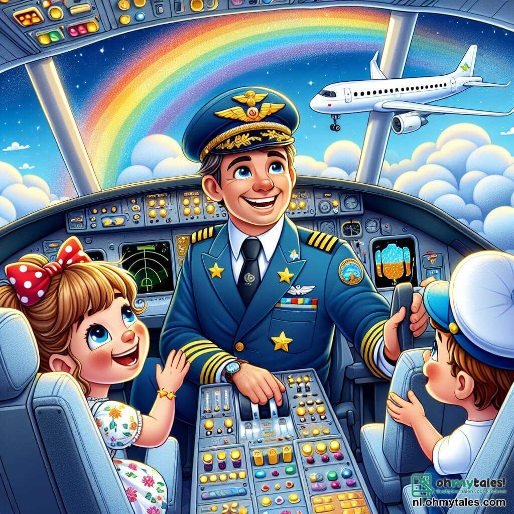 Een man, meneer Jan, is een glimlachende piloot in een blauw uniform met gouden sterren, een elegante pet en een stropdas. Hij zit in de cockpit van zijn grote witte vliegtuig, de Grote Vogel, met opgewonden ogen terwijl hij vastberaden de bedieningselementen aanpast. Naast hem kijkt een meisje van ongeveer 8 jaar in een mooie bloemenjurk met een rode strik in het haar door het raam, verwonderd, terwijl ze met haar vinger naar een prachtige regenboog in de lucht wijst. Een jongen van 7 jaar, met een pilotenpet en een blauwe t-shirt, zit op de achterbank met zijn handen op zijn knieën en zijn ogen wijd open van blijdschap, terwijl hij naar de wattenachtige wolken kijkt. De scène speelt zich af in de cockpit van een vliegtuig, vol met kleurrijke knoppen en heldere schermen, met pluizige wolken en een stralende blauwe lucht buiten. De hoofdactie toont meneer Jan, de piloot, die zijn vliegtuig door een zonnige lucht bestuurt, terwijl de kinderen aan boord zich verwonderen over de schoonheid van de wolken en een grote regenboog die aan de horizon verschijnt.