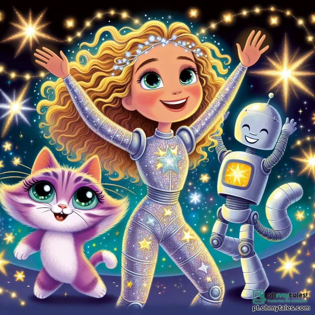 No centro da imagem, a Dr. Lila, uma mulher de cabelos cacheados e dourados, usa um traje espacial brilhante que cintila como estrelas. Ela tem um grande sorriso de admiração no rosto, com os olhos brilhando de alegria enquanto observa as estrelas dançantes ao seu redor. À sua direita, Robô Tico, um robô amistoso de cor prateada, tem uma forma arredondada e olhos luminosos. Ele levanta os braços para o alto, como se quisesse dançar com as estrelas, exibindo uma expressão alegre. À sua esquerda, Gato Cósmico, um gato de pelos roxos e olhos verdes cintilantes, faz uma pirueta no ar, seu rosto radiante de felicidade. O cenário é um vasto espaço, com estrelas cintilantes e uma anomalia luminosa onde as estrelas dançam e brilham intensamente, criando uma atmosfera mágica. A cena principal mostra Dr. Lila, Robô Tico e Gato Cósmico descobrindo a dança das estrelas, maravilhados com a beleza do espetáculo cósmico ao seu redor, compartilhando um momento de alegria e aventura juntos.