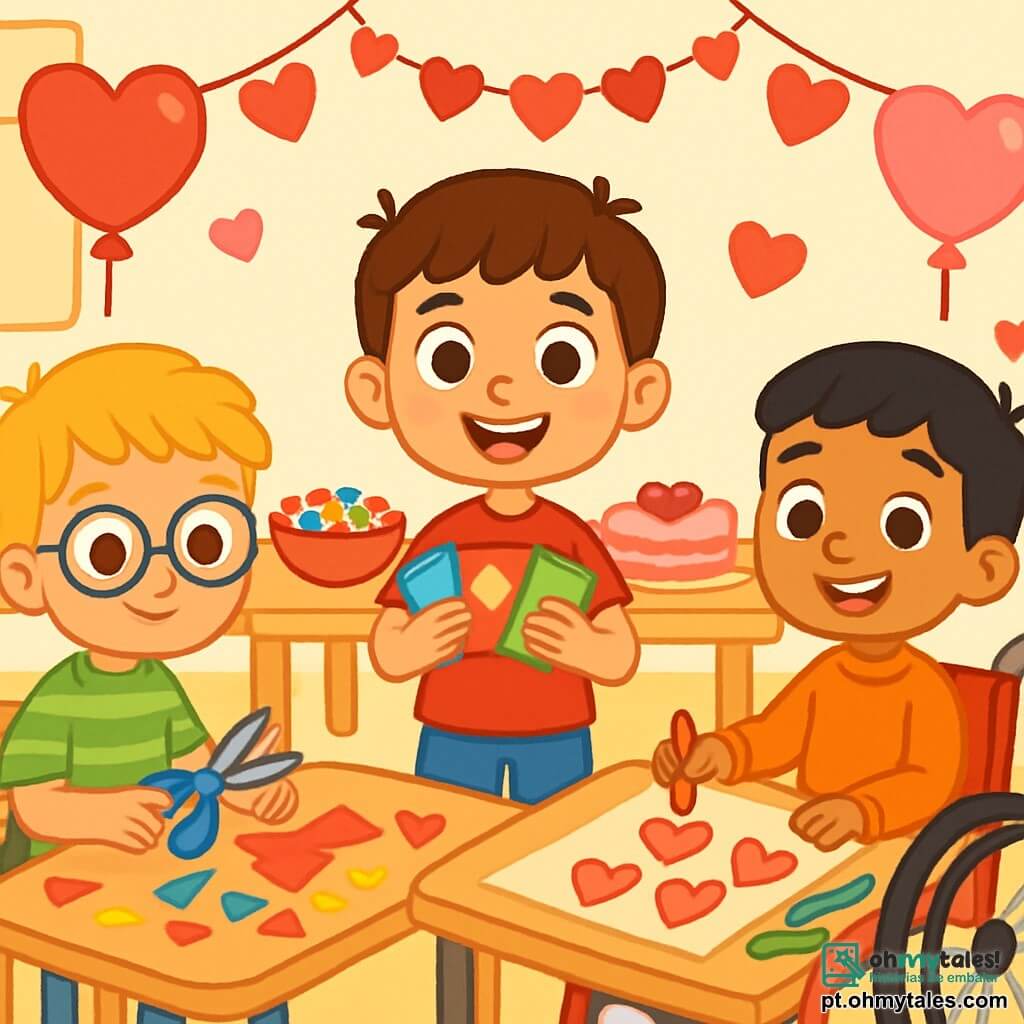 Há 3 personagens: - Miguel: um garoto de 6 anos, com cabelos castanhos e olhos brilhantes. Ele usa uma camiseta vermelha com um coração desenhado e um short azul. Ele está em pé no centro, sorrindo e segurando cartões coloridos nas mãos. - Pedro: um garoto de 6 anos, com cabelos loiros bagunçados e óculos redondos. Ele veste uma camisa listrada verde e calças beiges. Ele está à esquerda de Miguel, cortando papéis coloridos com tesouras. - João: um garoto de 6 anos, com cabelos pretos e um sorriso caloroso. Ele está em uma cadeira de rodas vermelha, à direita de Miguel, desenhando corações em um grande papel com lápis de cor. O local é uma sala de aula decorada para a festa de Dia dos Namorados. As paredes estão enfeitadas com guirlandas de corações de papel, e uma grande mesa está cheia de doces coloridos, bolos em forma de coração e balões rosa e vermelho flutuando no teto. A cena principal mostra os três amigos se preparando para a festa, cercados de risos e alegria, cada um se dedicando a criar cartões e decorações, com uma atmosfera festiva e calorosa que ilumina o ambiente.