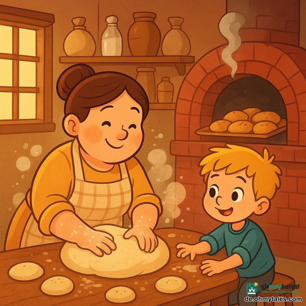 Eine lächelnde, wohlwollende Bäckerin mit rundem Gesicht und braunen Haaren im Dutt, kariertem beigen Schürzen und mehlbepuderten Händen knetet auf einem großen Holztisch einen weichen, elastischen Teig; rechts steht der etwa sechsjährige Tom mit blonden strubbeligen Haaren und hochgekrempelten Ärmeln auf einem kleinen Hocker und berührt den Teig mit leicht bemehlten Händen; im Hintergrund raucht ein roter Ziegelofen leise, eine goldene Blechladung Brötchen kommt heraus, Holzregale mit Mehlsäcken und Gläsern sowie Morgenlicht durch ein kleines Sprossenfenster vervollständigen die Szene, in der runde, goldene Brötchen entstehen, Mehlwolken schweben und eine warme, einladende, fröhliche Atmosphäre herrscht.