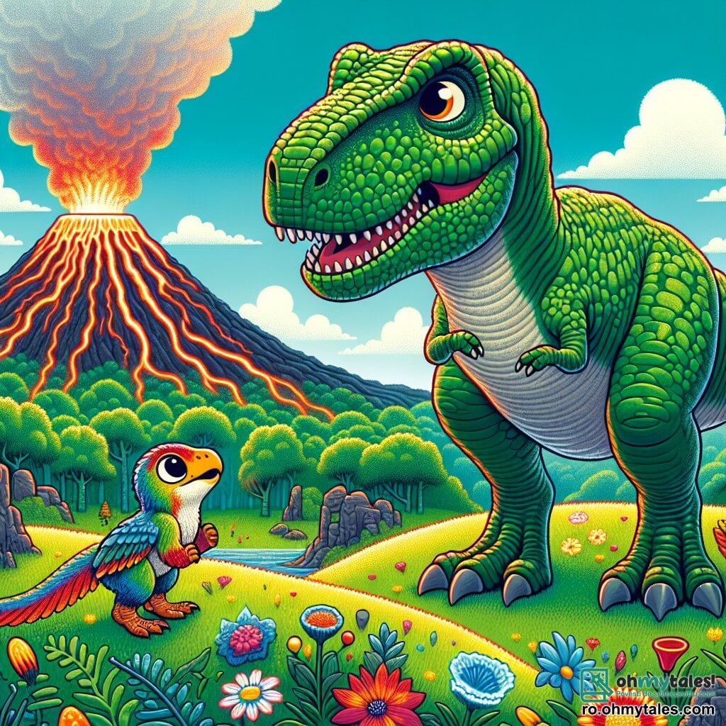 Un Tyrannosaure Rex, mare și măreț, cu o piele verde și solzi strălucitori, stă pe vârful unei coline, cu ochii strălucind de curiozitate și bucurie. El privește cu entuziasm un vulcan fumegând din apropiere, unde fluxuri de lavă roșie se târăsc pe pante. Lângă el, un velociraptor numit Velo, mic și agil, cu pene colorate și o coadă lungă, sare de bucurie, fața lui exprimând excitație și uimire. Peisajul din jur este o vastă pajiște verde, presărată cu flori colorate, cu copaci uriași și stânci vulcanice, creând un decor vibrant și dinamic. Scena îi arată pe Rex și Velo admirând împreună frumusețea vulcanului, pregătiți să trăiască o nouă aventură.