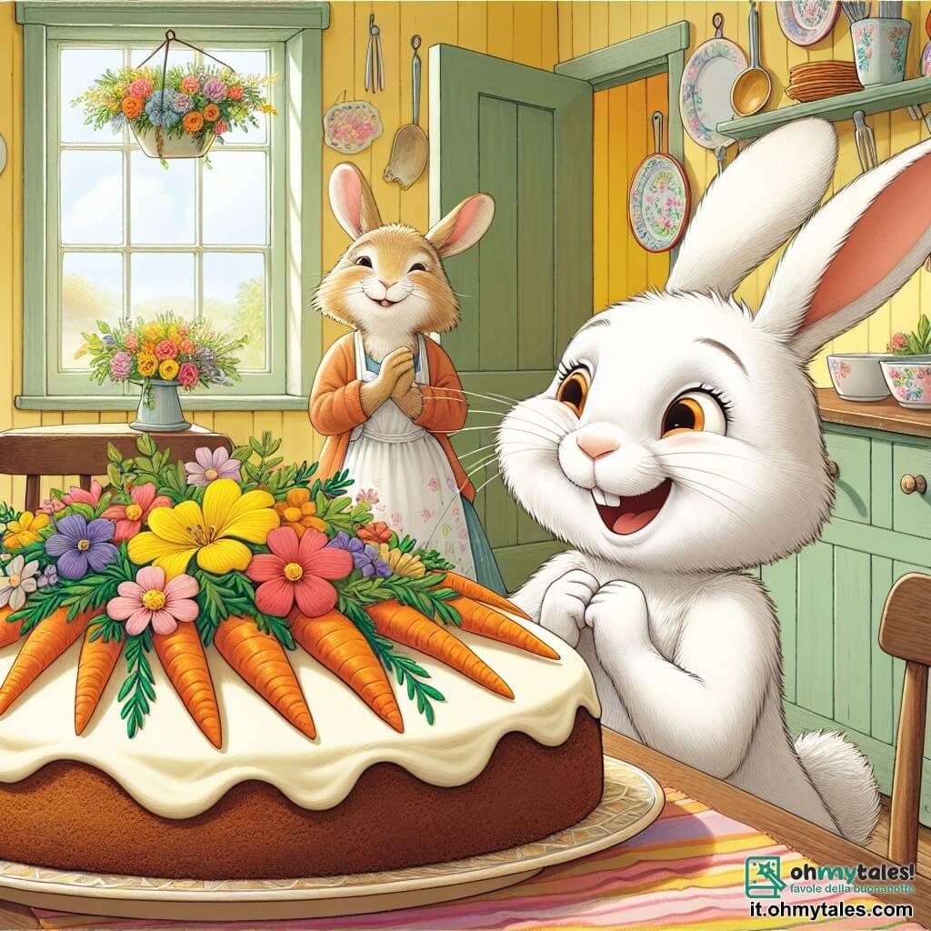 Un giovane coniglio bianco di nome Benny, con un pelo morbido e occhi scintillanti di gioia, si trova al centro della scena, sorridendo ampiamente mentre tiene un grande piatto di torta di carote decorato con fiori colorati. È pieno di eccitazione e amore, pronto a sorprendere la sua mamma. Accanto a lui, la mamma coniglio, la dolce Madame Coniglia, con il pelo marrone chiaro e orecchie lunghe e pendenti, sta per entrare nella stanza. Ha uno sguardo sorpreso ed emozionato, i suoi occhi brillano di felicità nel vedere la sorpresa che le ha preparato il figlio. La scena si svolge in una cucina calda e accogliente, con pareti dipinte di giallo pastello, finestre che lasciano entrare la luce del sole e un grande tavolo di legno adornato con fiori freschi e deliziosi cibi. Benny, nascosto dietro il divano, grida "Sorpresa!" mentre la mamma entra, creando un momento di gioia e tenerezza che celebra l'amore tra un figlio e sua madre per la festa della mamma.