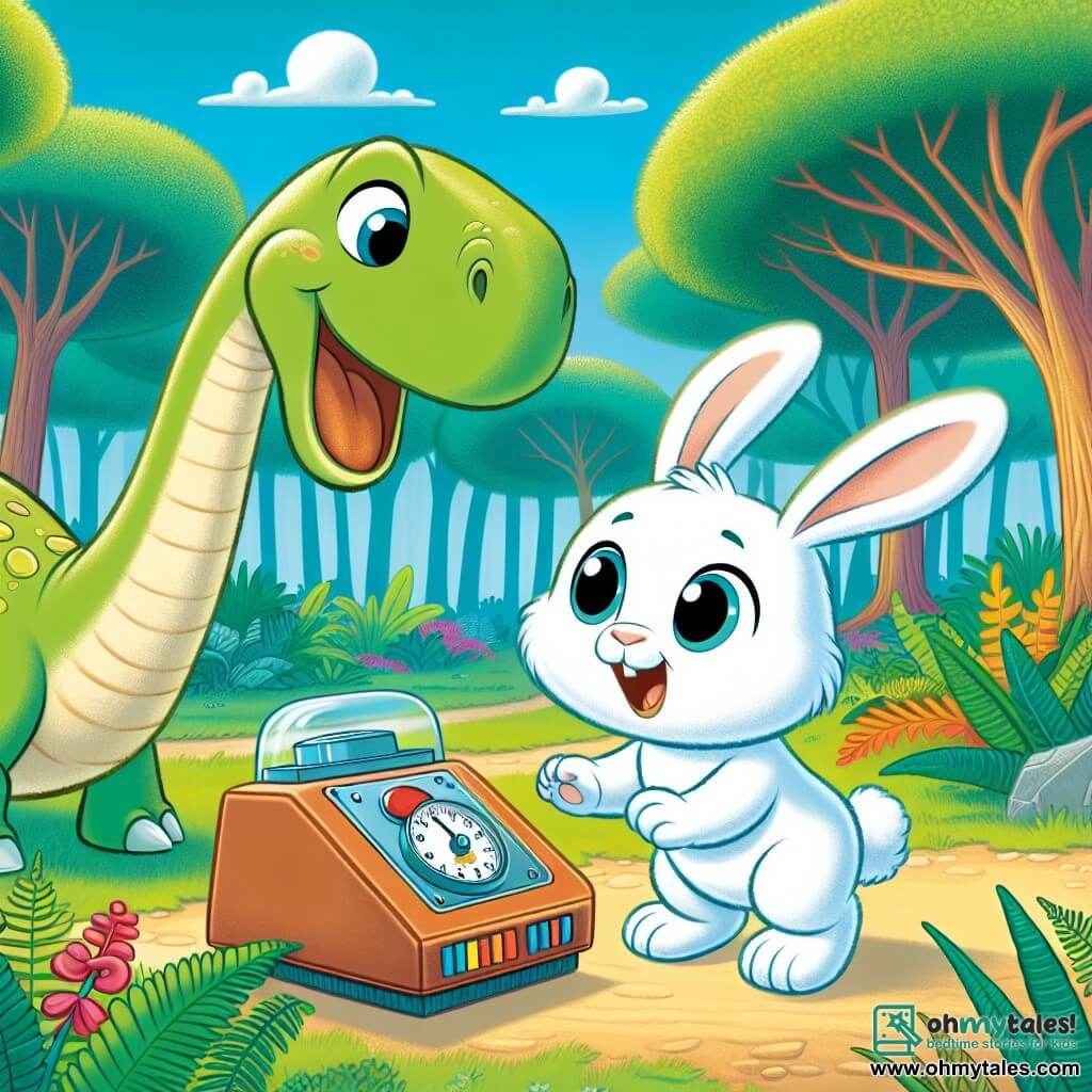 A small white rabbit named Benny, with big bright eyes and long ears, expresses immense joy upon discovering a time machine, his front paws on the ground, ready to press a button. Next to him, a friendly Brachiosaurus with a long neck and green skin smiles kindly, leaning slightly towards Benny as if to encourage him to explore. The setting is a vibrant prehistoric forest filled with large green ferns, gigantic trees with thick trunks, and colorful flowers blooming under a bright blue sky, with a few white clouds gently floating. The scene captures the magical moment when curious Benny is about to embark on an incredible adventure in time, surrounded by his new dinosaur friends, ready to show him their fascinating world.