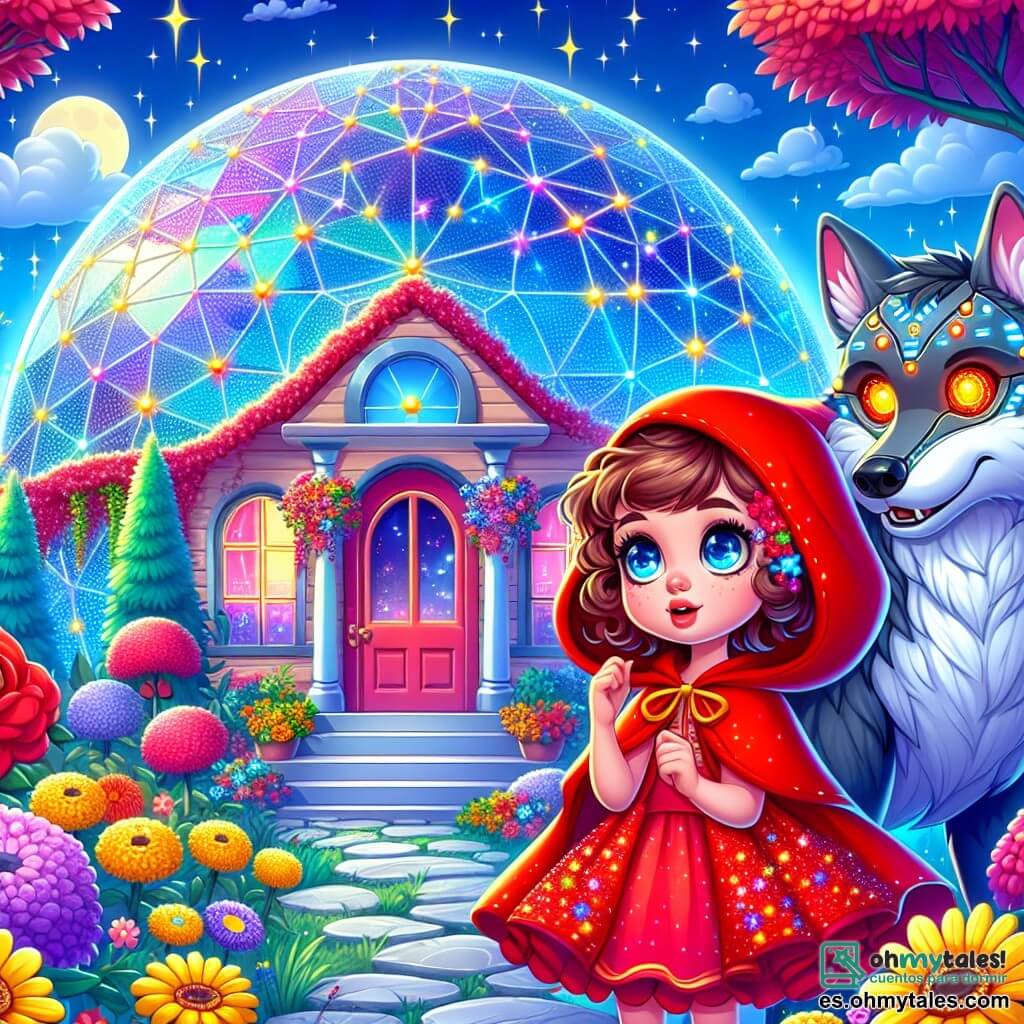 Caperucita Roja, una niña de unos 8 años con cabello rizado y mejillas sonrosadas, lleva una capa roja brillante adornada con pequeñas estrellas centelleantes. Muestra una expresión de curiosidad y asombro mientras está frente a la puerta de la casa de su abuela, lista para entrar. A su lado, el lobo cibernético, un personaje de rasgos futuristas con ojos brillantes y circuitos luminosos en su pelaje gris, se mantiene un poco atrás, sonriendo amablemente. Parece un joven adulto de unos 20 años y mira a Caperucita con benevolencia. La escena tiene lugar frente a una casa en forma de cúpula de cristal, rodeada de flores coloridas y árboles de hojas brillantes, bajo un cielo azul con nubes esponjosas. La casa brilla al sol, reflejando colores vivos y creando una atmósfera cálida. La situación principal muestra a Caperucita Roja a punto de abrir la puerta de la casa de su abuela, mientras el lobo cibernético la anima con un gesto amistoso, simbolizando su nueva amistad y la idea de que las apariencias pueden ser engañosas.