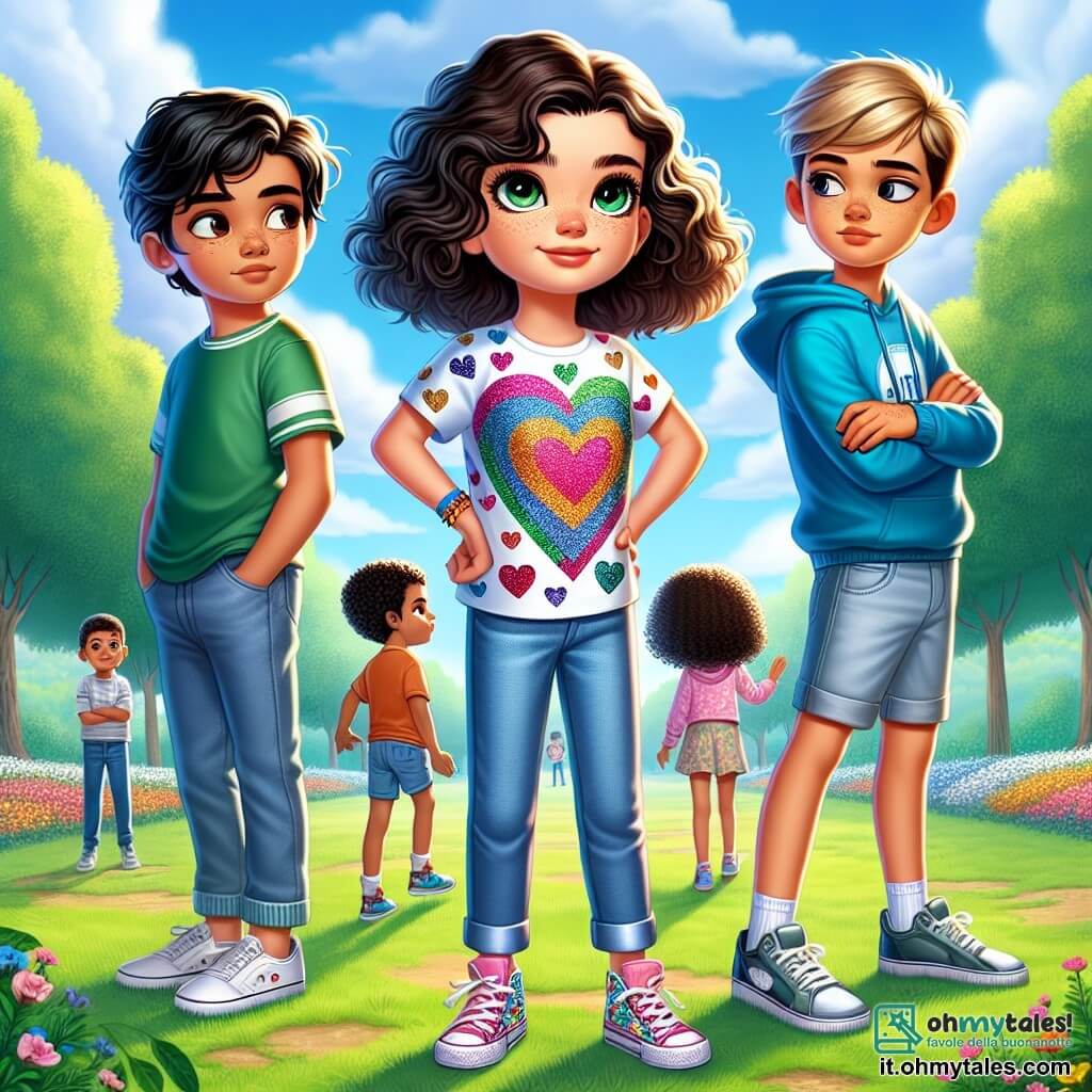 Al centro dell'immagine, c'è una ragazza di 11 anni, Sofia, con capelli ricci castani e occhi brillanti, che esprime determinazione e profonda compassione. Indossa una maglietta colorata con un disegno di cuore e jeans, e si tiene con sicurezza, le mani sui fianchi, di fronte a un gruppo di ragazzi. Alla sua destra, Marco, un ragazzo di 12 anni di origine marocchina, con pelle olivastra e capelli neri corti, guarda Sofia con gratitudine. Indossa un felpa blu e scarpe da ginnastica. Si tiene leggermente in disparte, ma la sua espressione mostra che si sente sostenuto. A sinistra, Luca, un ragazzo di 11 anni con capelli biondi e pelle chiara, si avvicina timidamente. Indossa una maglietta verde e pantaloni corti. Sembra esitante, ma il suo sguardo mostra che è pronto ad ascoltare. Il contesto si svolge in un parco verdeggiante, con alberi maestosi sullo sfondo, fiori colorati lungo il sentiero e un cielo blu punteggiato di nuvole bianche. I bambini giocano in lontananza, creando un'atmosfera gioiosa. La situazione principale mostra Sofia che difende Marco di fronte a compagni che lo prendono in giro. Si tiene fiera, pronta a parlare per l'inclusione e il rispetto, mentre Marco e Luca la ascoltano, illustrando il coraggio e l'amicizia in un momento di tensione.