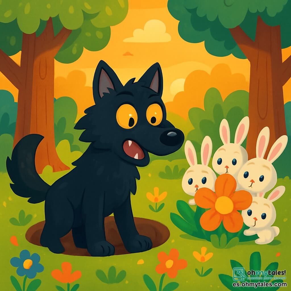 Un gran lobo feroz, con un pelaje negro y brillante, se encuentra en el centro de un claro del bosque, con ojos amarillos chispeantes de curiosidad y una expresión de sorpresa en su rostro. Mira a un grupo de pequeños conejos de pelaje suave y blanco, que se esconden detrás de una gran flor colorida, con ojos redondos y preocupados que delatan su miedo. El claro del bosque está bañado por la luz dorada del sol poniente, iluminando árboles majestuosos con troncos gruesos y hojas verdes vibrantes, mientras flores multicolores salpican el suelo. La situación principal muestra al lobo, que acaba de caer en un agujero, rodeado de conejos que, aunque temerosos, comienzan a acercarse con curiosidad, listos para ayudar.