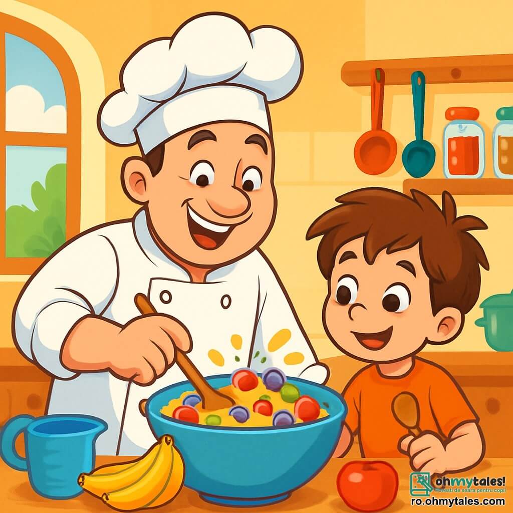 Un bărbat zâmbitor, chef-ul de bucătărie Mihai, poartă o tunică albă strălucitoare și o bonetă mare din țesătură. Are ochi strălucitori de bucurie și un zâmbet larg care îi luminează fața. El amestecă ingrediente colorate într-un bol mare, cu stropi de aluat în jurul său. Lângă el, un băiat de 8 ani, Andrei, cu părul castaniu și ochi curioși, observă cu atenție. Ține o linguriță mică din lemn și pare încântat, pregătit să ajute. Andrei se află chiar lângă Mihai, admirând acest pelerin culinar. Scena se desfășoară într-o bucătărie caldă și primitoare, plină de ustensile colorate, condimente în borcane și fructe proaspete pe blatul de lucru. Lumina soarelui pătrunde printr-o fereastră, iluminând pereții vopsiți în galben pastel. Mihai și Andrei pregătesc un desert delicios, amestecând fructe colorate într-un bol mare, în timp ce un parfum dulce umple aerul, creând o atmosferă veselă și plină de creativitate.