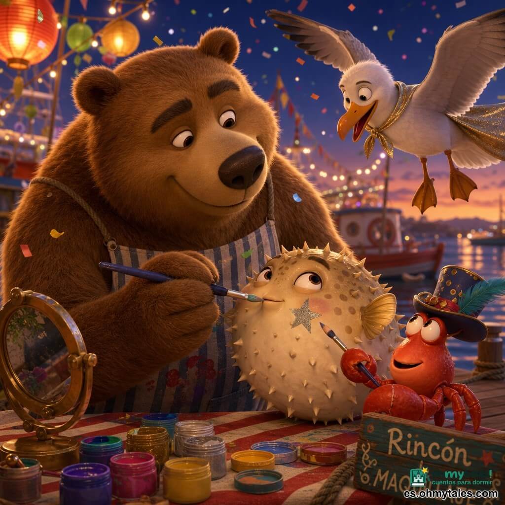 Bruno, un gran oso pardo amable y sonriente con delantal a rayas, pinta con un pincel azul marino una pequeña estrella plateada en la mejilla de un tímido pero orgulloso pez globo crema mientras Don Pincho, un pequeño cangrejo rojo con sombrero de plumas, sostiene otro pincel con gesto pícaro y una gaviota blanca y gris bate las alas para secar la pintura; todo ocurre en un rincón de maquillaje sobre un muelle de madera iluminado por faroles y decorado para el carnaval al crepúsculo, con mesas de rayas, botes decorados, confeti y guirnaldas, en un momento tierno y tranquilo entre amigos marinos.