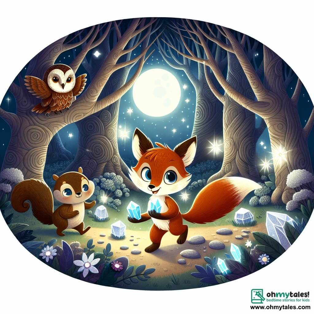 An illustration depicts a small, vibrant-furred fox with sparkling, curious eyes standing in the center of a moonlit clearing. The determined fox holds three shimmering crystals that emit a soft glow. Nearby, a majestic owl with dark feathers and bright, wise eyes observes from an ancient tree branch, while a playful brown squirrel with a bushy tail stands beside the fox, sharing a conspiratorial smile. The enchanted clearing is set in a mysterious forest, surrounded by gnarled trees with silver leaves glimmering in the moonlight, and luminescent flowers scattered across the ground, adding a magical touch. The main scene shows the brave fox ready to confront an evil witch, surrounded by friends as they prepare to free the forest from darkness. Threatening shadows dance around them, creating a captivating yet eerie atmosphere, with light bursts from the crystals and mysterious shadows weaving through the trees, symbolizing the struggle between light and darkness.