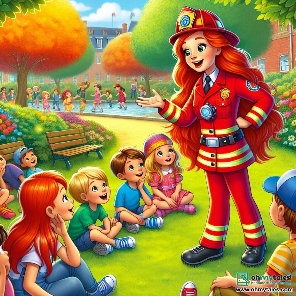 Fiona, a brave firefighter, stands in the center of the image with long, shiny red hair and a warm smile. She is wearing her bright red uniform and a shiny helmet, telling a story to a group of children, her eyes sparkling with enthusiasm. Sam, a 7-year-old boy in blue sneakers and an oversized cap, sits on the grass, wide-eyed in admiration, listening intently to Fiona. Next to him, a 6-year-old girl with brown hair in a colorful dress is impatiently encouraging him to ask more questions. The scene takes place in a sunny park filled with colorful flowers and green trees, with children playing in the background. Fiona shares exciting stories from her job as a firefighter, captivating the children's attention as they dream of becoming heroes like her.