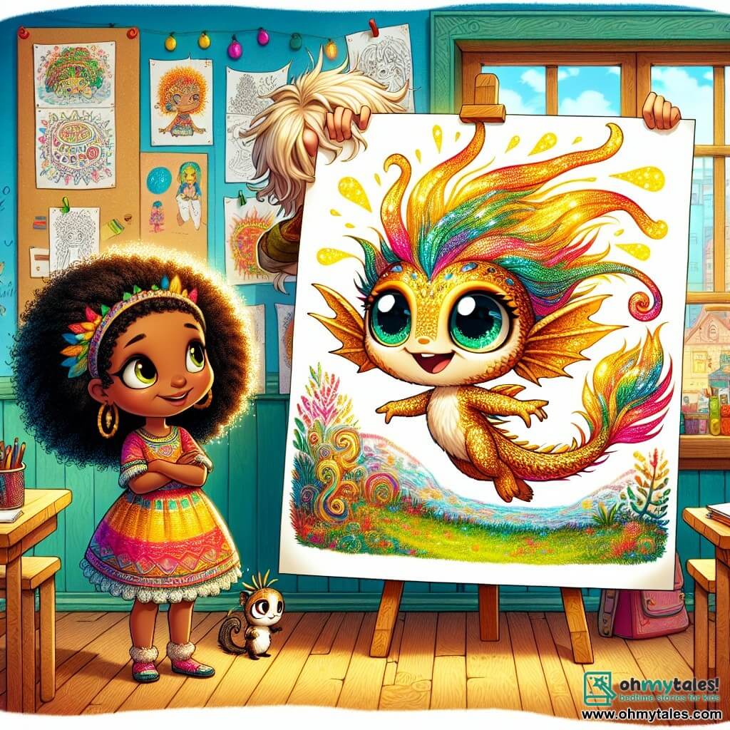 An illustration depicts a small magical being with shimmering scales that change color with its emotions. It has large, bright eyes, a warm smile, and a fluffy tail that wags joyfully. It is drawing a beautiful colorful garden on a large sheet of paper, its scales glowing a bright yellow, symbolizing joy. Next to it is a girl with curly, shiny hair of African-American descent, admiring the drawing while wearing a colorful dress and smiling with sparkling eyes. A light-skinned boy with messy blonde hair stands slightly back, arms crossed, showing a mix of confusion and interest as he observes the magical being and the girl. The main setting is a bright classroom filled with vibrant colors, decorated walls with children's drawings, educational posters, and sunlight streaming through the windows. Wooden tables are arranged in a circle, creating a welcoming atmosphere. The main scene shows the magical being sharing its drawing with peers, highlighting the importance of acceptance and celebrating differences, evoking emotions of joy, curiosity, and open-mindedness. Other graphic elements include scattered colored pencils on the table, paper flowers on the walls, and a blackboard in the background with words like "acceptance" and "diversity" written in colorful letters.