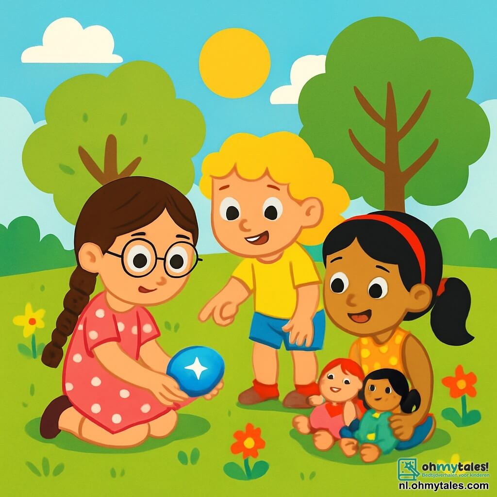 Er zijn 3 personages: - Lotte: een 7-jarig meisje met lange, gevlochten bruine haren en ronde brillen. Ze draagt een roze jurk met witte stippen en zit in een hurkpositie met de glanzende blauwe steen in haar handen. - Noor: een 6-jarig meisje met krullend blond haar en een grote glimlach. Ze draagt een gele t-shirt en een spijkerbroekshort. Ze staat naast Lotte en wijst nieuwsgierig naar de steen. - Mila: een 7-jarig meisje met zwart haar in een paardenstaart en een rode haarband. Ze draagt een bloes met bloemen en zit op het gras, omringd door haar poppen, terwijl ze met verwondering naar de steen kijkt. De locatie is een uitgestrekt en groen speelterrein, met loofbomen op de achtergrond, kleurrijke bloemen verspreid over het gras en een stralende blauwe lucht. In het midden zitten de drie meisjes op een zacht gazon, badend in gouden licht. De hoofdsituatie toont Lotte, Noor en Mila die een glanzende blauwe steen in het gras ontdekken. Ze zijn geïntrigeerd en leunen allemaal naar de steen, terwijl ze opgewonden blikken en glimlachen uitwisselen, klaar om het mysterie van deze vreemde vondst op te lossen.