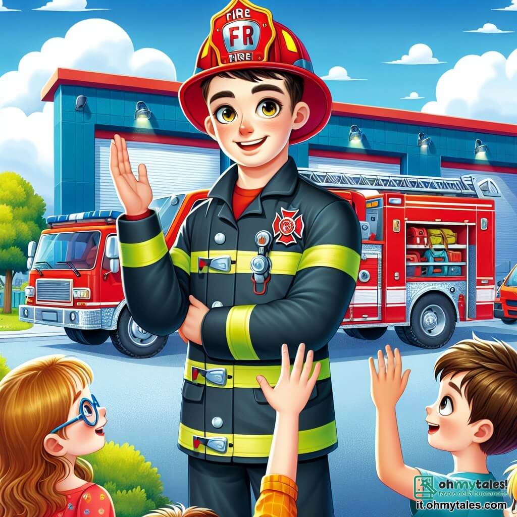 Un uomo, Mario, è il personaggio principale, un pompiere dal sorriso caloroso e dagli occhi brillanti di determinazione. Indossa una tuta rossa vivace, un casco da pompiere lucido e si trova con sicurezza accanto al suo camion dei pompieri, il "Drago Rosso", mentre spiega ai bambini cosa significa il suo lavoro. Tra i personaggi secondari c'è la signora Bianchi, una donna di una trentina d'anni con capelli castani e occhiali, che osserva attentamente Mario prendendo appunti. C'è anche Luca, un ragazzo di 8 anni con capelli ricci e occhi spalancati, che alza la mano con entusiasmo per fare una domanda, stando vicino a Mario. La scena si svolge all'esterno della caserma dei pompieri, un edificio rosso vivace con grandi porte aperte, circondato da alberi verdi e da un cielo blu splendente. Alcuni furgoni di soccorso sono parcheggiati accanto, e bambini curiosi si trovano in cerchio attorno a Mario, affascinati dalle sue parole. La situazione principale mostra Mario mentre condivide la sua passione per il lavoro di pompiere con i bambini, spiegando come aiuta le persone in caso di emergenza, mentre mostra loro l'attrezzatura e il camion dei pompieri.