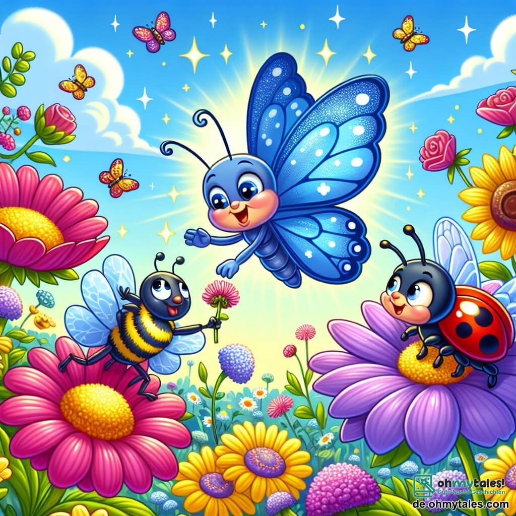 Ein bunter Schmetterling mit einem einzigen Flügel in leuchtenden Blau- und Violetttönen fliegt fröhlich über einen blühenden Garten und zeigt ein großes, glückliches Lächeln. Er erkundet neugierig die Blumen, seine Augen strahlen vor Freude. Neben ihm ermutigt ein kleiner roter Käfer mit schwarzen Punkten, der freundlich lächelt, indem er ein Bein als Zeichen der Freundschaft hebt. Weiter weg sammelt eine gelb-schwarze Biene mit durchsichtigen Flügeln Nektar und wirft dem Schmetterling einen freudigen Blick zu. Der Garten ist üppig und voller blühender Blumen in allen Farben: rosa Rosen, gelbe Sonnenblumen und zarte Veilchen, unter einem klaren blauen Himmel mit fluffigen weißen Wolken. Die Hauptsituation zeigt den Schmetterling und seine Freunde, die gemeinsam die schönsten Blumen des Gartens entdecken und dabei Lachen und Momente der Vertrautheit teilen, was die Bedeutung von Freundschaft und die Akzeptanz von Unterschieden verdeutlicht.