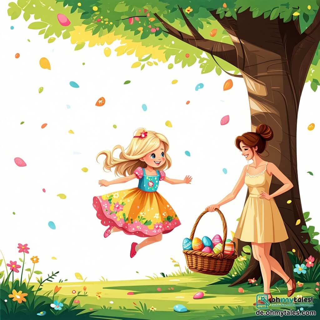 Ein 4-jähriges Mädchen namens Lilli mit langen blonden Haaren und strahlenden Augen springt vor Freude unter einem großen Baum. Sie trägt ein buntes Kleid mit Blumenmustern und hält einen Korb voller bunter Ostereier. Neben ihr kniet ihre Mutter, eine Frau in den Dreißigern mit braunen, hochgesteckten Haaren und einem warmen Lächeln, stolz und ermutigend, während sie Lilli liebevoll ansieht. Der Ort ist eine wunderschöne grüne Wiese mit bunten Wildblumen unter einem klaren blauen Himmel. Der große Baum mit seinem üppigen Laub spendet angenehmen Schatten, und Vögel singen fröhlich in den Zweigen. Lilli entdeckt ein glitzerndes goldenes Osterei, das unter den Wurzeln des Baumes versteckt ist, und ihre Miene zeigt Staunen und Überraschung, während ihre Mutter sie ermutigt, näher zu kommen und es aufzuheben.