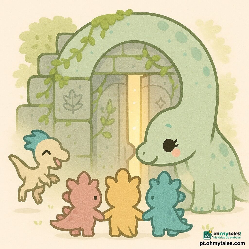Um diplodoco calmo e sorridente, pescoço longo arqueado, pele verde-pálido com manchas suaves, grandes olhos brilhantes e cílios, encosta delicadamente o focinho numa porta de pedra antiga. À esquerda, um pequeno velociraptor travesso com penacho azul, em postura saltitante, faz uma pequena reverência. Três filhotes de estegossauro, corpos arredondados e placas rosa, amarelas e turquesa, de mãos dadas diante do diplodoco observam a porta com maravilha. Entrada de um templo antigo de pedras cinzentas cobertas de musgo e lianas, símbolos de folhas e estrelas gravados, luz dourada filtrando entre os ramos. A porta abre-se lentamente emitindo um brilho dourado; expressões de amizade e surpresa; ambiente acolhedor, cores em tons pastéis, texturas mates e contornos simples.