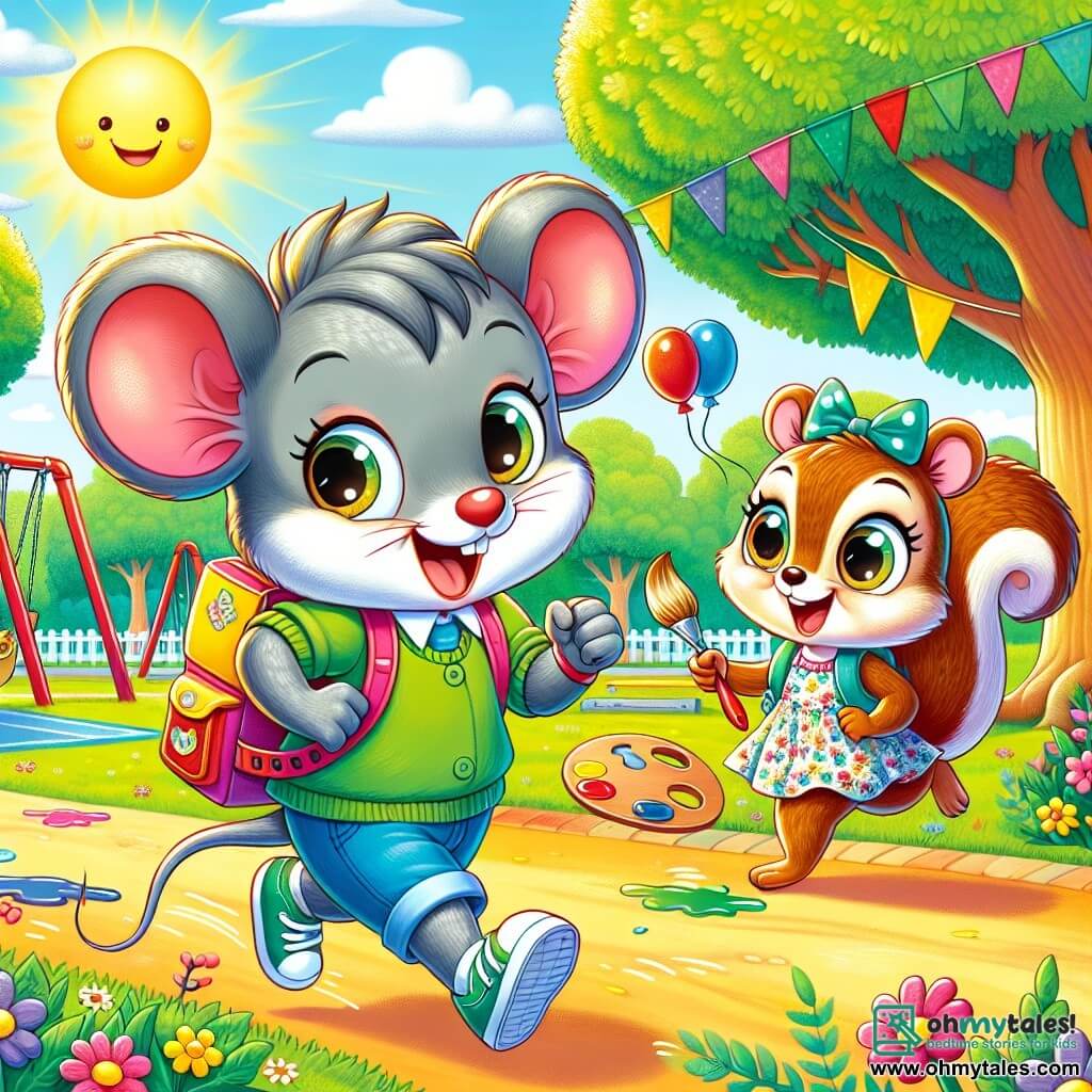 An illustration depicts a small mouse boy with large round ears and gray fur, displaying a determined and joyful expression. He carries a colorful backpack and is running along a grassy path, beaming with a bright smile. Next to him, a little squirrel girl with brown fur and sparkling curious eyes is ready to join him, her face radiant with excitement. She wears a flowered dress and holds a paint palette in her tiny paws, eager to create. In the background, a lively school park filled with majestic trees, colorful flowers, and the laughter of animals can be seen. Outdoor games like swings and a slide add cheer to the environment. The main scene shows the two friends preparing for the school's big race, surrounded by classmates cheering them on. The air is filled with energy and enthusiasm, with the sun shining in a clear blue sky, creating a joyful and friendly atmosphere. Balloons float in the air, and colorful flags decorate the course, adding a festive touch to this special day.