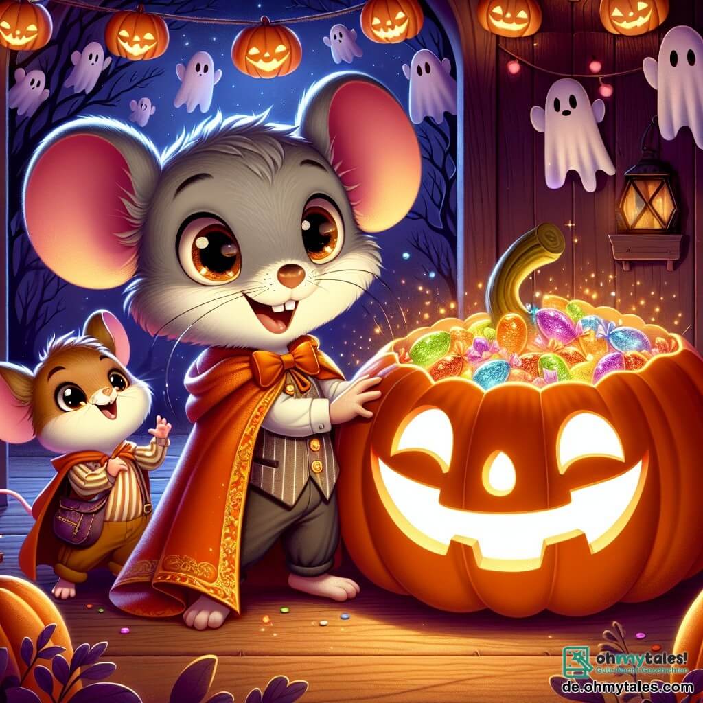 Max, eine kleine Maus mit grauem Fell und runden Ohren, trägt einen orangefarbenen Umhang aus einem alten Stoff. Er hat neugierige, funkelnde Augen und ein breites Lächeln, während er mutig vor einem großen, leuchtenden und geheimnisvollen Kürbis steht, der mit lächelnden Gesichtern dekoriert ist. Mimi, eine kleine braune Maus mit glänzenden Augen und zuckenden Schnurrhaaren, steht neben ihm und lacht begeistert, während ihre kleinen Pfoten in die Luft gehoben sind. Im Hintergrund findet die Szene in einer Mäuseschule statt, mit Holzwänden, die mit Papiergespenstern und sanft leuchtenden Kürbislaternen geschmückt sind. Max und Mimi, umgeben von ihren Freunden, versuchen, den magischen Kürbis zu öffnen, der überquillt von bunten und funkelnden Süßigkeiten, und schaffen eine fröhliche und festliche Atmosphäre.