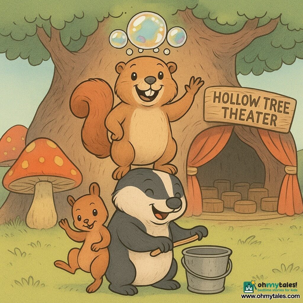 Moxie the marmot, with a radiant smile and mischievous twinkling eyes, stands atop a pyramid of animals, wearing a crown of sparkling bubbles. Pip the squirrel, with his bushy tail and curious eyes, is perched on Moxie's shoulder, joyfully waving his little paws. Benny the badger, sturdy and jovial, stands at the bottom of the pyramid, striking a metal bucket with a wooden spoon, creating a cheerful rhythm. The Grand Hollow Tree Theater, with its colorful mushroom curtains and polished log seats, serves as the backdrop for this lively scene. The animal pyramid wobbles slightly but remains steady, while the bubble crown gently floats above Moxie, capturing sunlight in iridescent bursts.