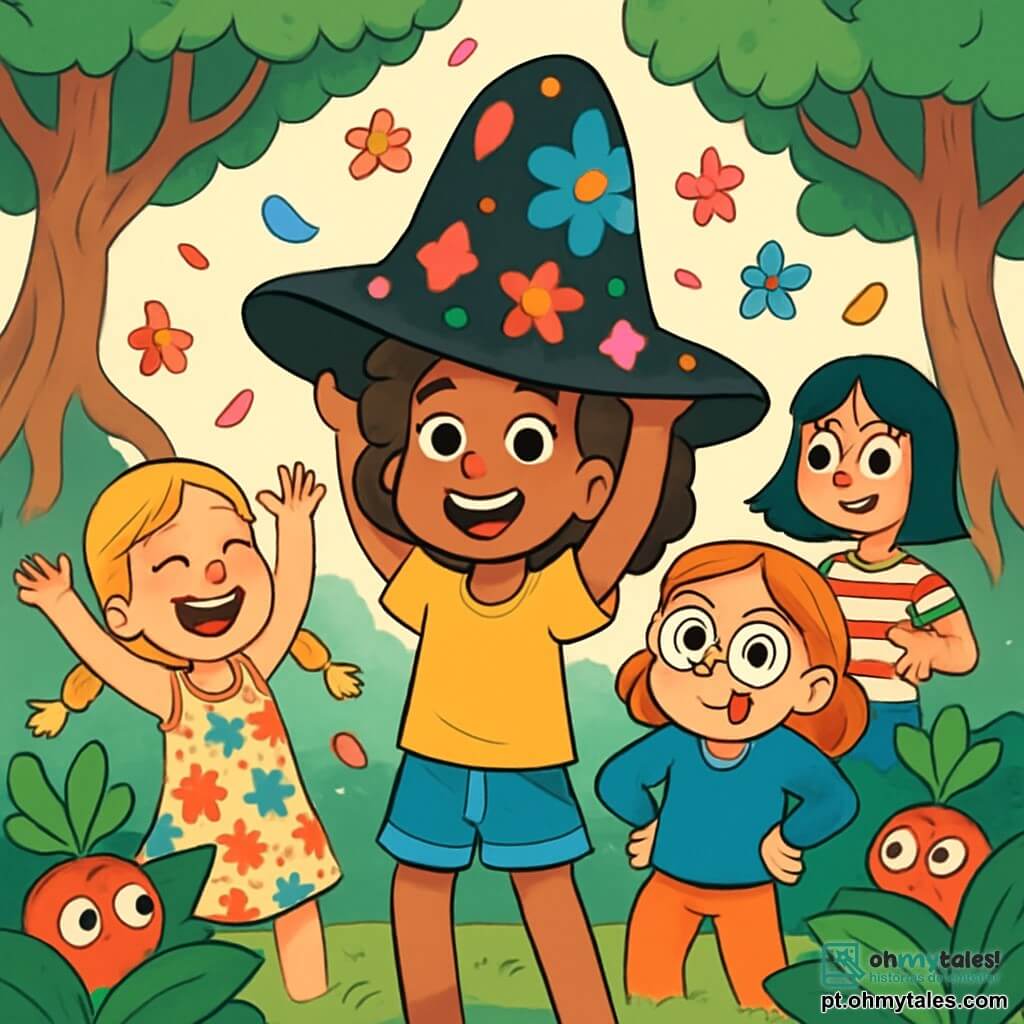 Há 4 crianças: - Sofia: uma menina de 11 anos com cabelos castanhos e cacheados, vestindo uma camiseta amarela e um short de jeans. Ela está no centro, segurando um grande chapéu preto com padrões coloridos, seu rosto radiante de excitação. - Madalena: uma menina de 11 anos com cabelos loiros trançados, vestida com um vestido de flores. Ela está à esquerda de Sofia, rindo alto, com os braços levantados como se estivesse dançando. - Leonor: uma menina de 11 anos com cabelos ruivos e óculos redondos, vestida com um suéter azul. Ela está à direita de Sofia, fazendo uma careta engraçada, com as mãos na cintura. - Beatriz: uma menina de 11 anos com cabelos negros e lisos, vestindo uma camiseta listrada. Ela está um pouco atrás, apontando para um rabanete travesso que os observa, com um sorriso malicioso. O local é uma floresta encantada, onde as árvores têm raízes no ar e flores coloridas flutuam ao redor. O chão está coberto de musgo verde brilhante, e rabanetes com olhos redondos e curiosos se escondem atrás de folhas gigantes, observando as crianças com expressões divertidas. A situação principal mostra as quatro crianças rindo e dançando ao redor do chapéu mágico, enquanto uma brisa leve faz flutuar pétalas de flores ao seu redor. Os rabanetes, escondidos atrás das árvores, parecem prontos para se juntar à festa, acrescentando um toque de absurdo e magia à cena.