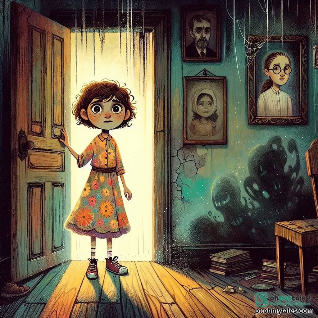 Uma menina de 10 anos, Sofia, está no meio de um corredor escuro e empoeirado, seus olhos brilhando de excitação e medo. Ela tem cabelos castanhos bagunçados, um vestido florido e tênis desgastados. Suas mãos tremem levemente enquanto empurra uma porta entreaberta, seu rosto iluminado por uma luz misteriosa. Ao fundo, uma sombra borrada parece se mover, adicionando um toque de mistério à cena. O corredor está cheio de velhos retratos de rostos tristes, com paredes de madeira rachada e um chão de tábuas que rangem sob o peso de Sofia. Teias de aranha pendem dos cantos, e uma luz fraca filtra através de uma janela empoeirada, criando uma atmosfera intrigante e assustadora. Sofia hesita diante da porta, seu coração acelerado, pronta para descobrir os segredos da Casa dos Sussurros.