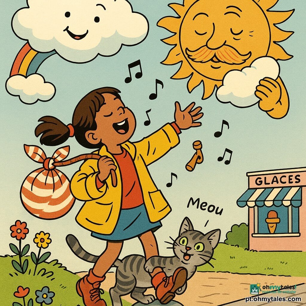 Uma menina de 8 anos, entusiasmada e travessa, cabelos castanhos em couettes, veste um casaco amarelo invertido, segura um grande embrulho listrado e um pequeno apito de madeira, estende a mão ao Sol cantando; um gato tigrado cinza (Pisco), pequeno e espevitado, olhos verdes, agarra-se aos sapatos dela e mia equilibrado numa pedra; o Sol é um rosto redondo idoso, bigodudo de raios dourados, olhos doces e cansados, fecha um olho e segura um travesseiro de nuvem; uma nuvem branca sorridente, fofa, flutua acima oferecendo um lençol macio com um pequeno arco-íris no canto; cenário de céu pastel baixo sobre um pequeno monte gramado com flores coloridas, uma praça pavimentada no canto inferior direito e uma sorveteria ao fundo; a cena mostra a menina embalando o Sol para uma soneca de dez minutos, tom engraçado e terno, cores quentes, traços nítidos e contornos levemente entintados, luz suave e jogos de sombras.