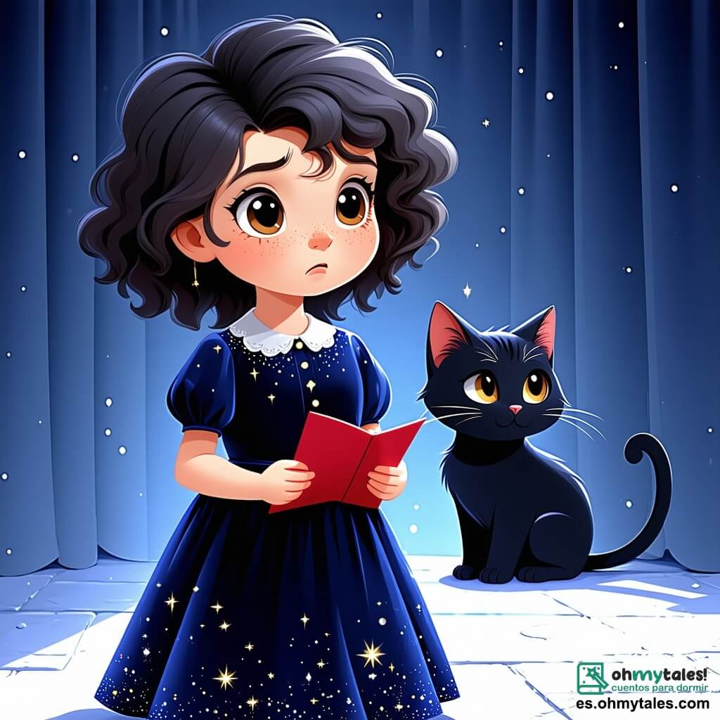 Una niña de 10 años, Elvira, con grandes ojos negros llenos de curiosidad y cabello rizado, se encuentra en el centro de la escena, con una expresión decidida y ligeramente preocupada. Lleva un vestido de terciopelo azul oscuro, adornado con motivos de estrellas brillantes, y sostiene una carta roja en sus manos, mirando a su alrededor con atención. A su derecha, un gato negro de dos colas, con ojos verdes brillantes, observa la escena con una actitud traviesa, listo para saltar. A su izquierda, un viejo sabio, un hombre de unos 70 años con una larga barba blanca y un sombrero de fieltro, está apoyado contra un muro de ladrillos, sonriendo con benevolencia, como si estuviera allí para guiar a Elvira. El lugar es un callejón oscuro y misterioso, pavimentado con piedras antiguas, con faroles de hierro forjado que emiten una luz dorada, creando sombras danzantes en las paredes cubiertas de hiedra. Las puertas de madera tallada, entreabiertas, dejan entrever destellos de luz colorida desde el interior. La situación principal muestra a Elvira, lista para tomar una decisión crucial, mientras una ligera bruma se eleva a su alrededor, añadiendo una atmósfera mágica e intrigante.