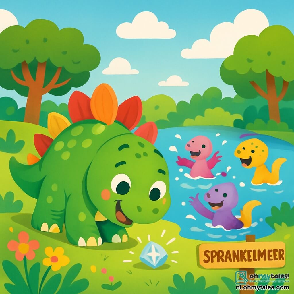 Een stralende en blije stegosaurus met groene schubben en kleurrijke stekels staat bij een glinsterend meer. Hij kijkt verwonderd naar een kleine, glanzende steen, als een stuk kristal, dat voor hem ligt. In de buurt speelt een groep kleine dinosaurussen met felle kleuren en stralende glimlachen in het water. Het landschap is gevuld met bomen met weelderig loof en schitterende bloemen, terwijl de lucht helderblauw is met donzige wolken. Steggie, de stegosaurus, ontdekt deze fonkelende schat aan de oever van het Sprankelmeer, omringd door lachen en vreugde.