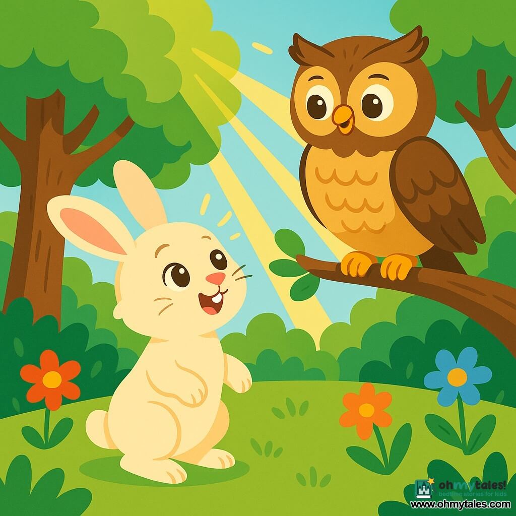 A small rabbit named Rosie, with soft and silky cream-colored fur, bright and curious eyes, stands on her hind legs with her ears perked up, displaying a look of wonder. Next to her, a wise owl with brown and golden feathers, perched on a branch, looks at Rosie kindly, its large round eyes sparkling with wisdom. In the background, a lush forest stretches out, with majestic trees adorned with vibrant leaves and colorful flowers dancing in the gentle breeze. The scene takes place in the early morning, with rays of sunlight filtering through the branches, illuminating Rosie's joyful face as she asks a fascinating question to the owl.