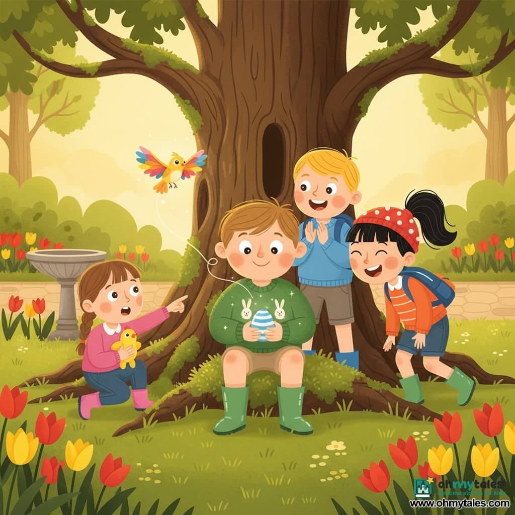 An 8-year-old boy with a round face and tousled light brown hair, eyes wide and smiling, holds a small blue-and-white striped shimmering egg in his hands; he wears a green sweater with little white rabbits, beige shorts and green rubber boots and sits by a large mossy oak. To his right, an 8-year-old girl (Lina) with black hair in a ponytail and a polka-dot hat leans in laughing to look at the egg; behind him an 8-year-old boy (Ben) with short blond hair and a blue backpack applauds excitedly, and to his left a 6-year-old girl (Rosa) with braided brown hair crouches, clutching a chick plush and pointing in wonder. A tiny luminous bird (the Daylark), about an inch long with petal-like wings and golden eyes, emerges from a thin ribbon of light above the egg and floats over the boy’s hands. The scene is a spring home garden with textured green lawn, red and yellow tulips, a stone birdbath and a paved path, bathed in diffuse golden light; the joyful, warm composition centers on the boy’s hands and the glowing bird above the egg.