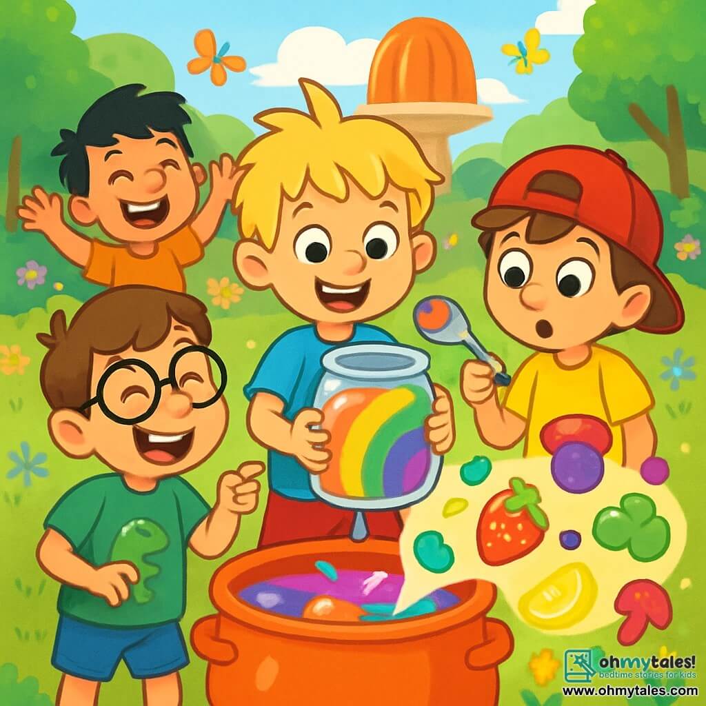 There are 4 children: Timmy, an 8-year-old boy with messy blonde hair and sparkling eyes, wearing a blue t-shirt and red shorts, standing in the center holding a large pot of colorful jelly. Benny, also 8, has brown hair and round glasses, is slightly shorter than Timmy, wearing a green t-shirt with a dinosaur design, standing on the left, laughing and pointing at the jelly pot. Charlie, an 8-year-old with brown hair and a backward red cap, has a shy smile and is in a yellow t-shirt, on the right, tasting the jelly with a spoon, eyes wide open. Max, an 8-year-old with black hair and freckles, wears an orange t-shirt and blue shorts, slightly behind, laughing loudly with his arms raised in victory. The scene takes place in Jellyville Park, filled with colorful flowers and large green trees, featuring a giant candy-shaped statue surrounded by children's laughter and butterflies fluttering in the sunny air. The main situation shows the four friends mixing strange ingredients in a large pot of jelly, with expressions of joy and surprise on their faces, surrounded by bright colors and fun shapes, creating a festive and playful atmosphere.