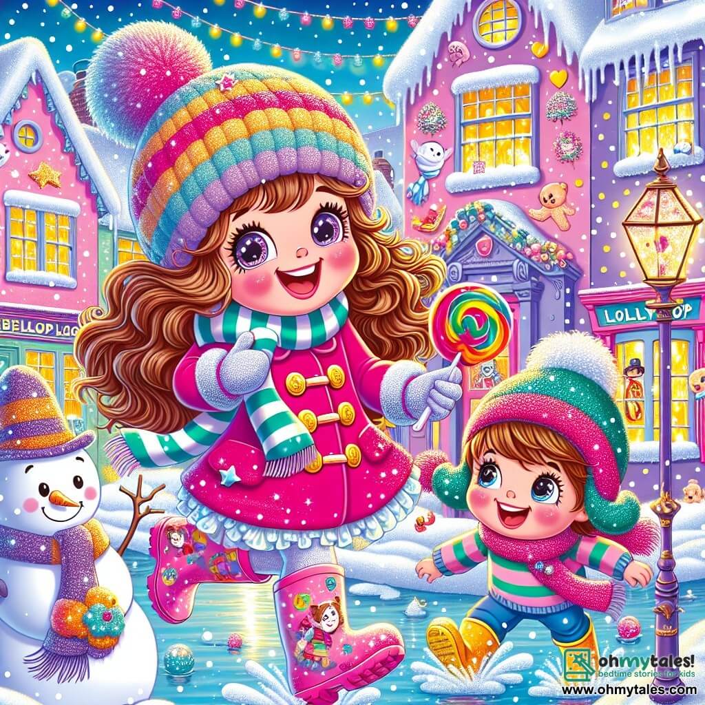 An 8-year-old girl, Poppy Bumbleberry, with long curly hair and sparkling joyful eyes, dances in the snow, laughing heartily. She wears a bright pink coat, colorful rubber boots, and a knitted hat adorned with a sparkling star. Next to her, her 5-year-old brother Oliver, with rosy cheeks and a mischievous smile, tries to catch a flying balloon animal while wearing a striped scarf. In the background, their smiling mom, with brown hair, decorates the house with twinkling lights that shine like stars. The setting is an enchanted street of Lollipop Lane, where pastel-colored houses are covered in a sparkling blanket of snow, and a large smiling snowman stands proudly. The main scene shows Poppy and Oliver in a joyful dance, surrounded by magical creatures like sparkling pixies and moon mice, celebrating the magic of New Year's together.