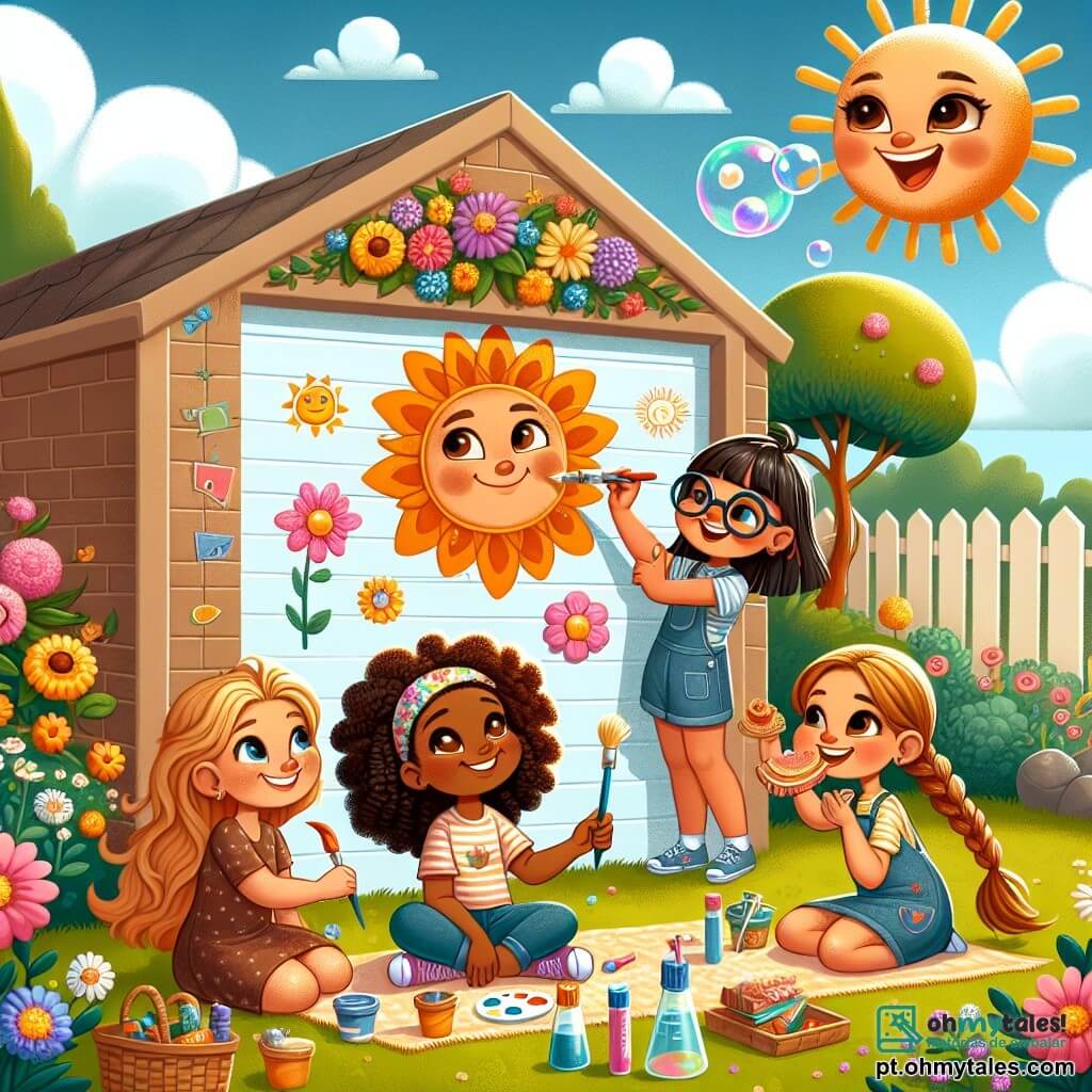 Quatro meninas alegres, com cerca de 10 anos, estão reunidas em um grande jardim ensolarado. Ana, com cabelos castanhos e óculos, pinta um mural colorido em uma parede de garagem, representando um sol sorridente. Bia, com cabelos loiros e cacheados, segura um sanduíche e sorri, sentada em uma toalha de piquenique ao lado de Ana. Clara, com cabelos ruivos e tranças, está em pé, soprando bolhas de sabão que flutuam no ar, enquanto Duda, com cabelos pretos e lisos, está agachada ao lado dela, observando com admiração uma experiência científica em um pequeno frasco. O jardim está cheio de flores vibrantes, grandes árvores verdes e um gramado bem cuidado, enquanto um céu azul claro com algumas nuvens brancas acrescenta um toque de magia à cena. As meninas riem e se divertem juntas, criando memórias inesquecíveis durante suas férias de verão.