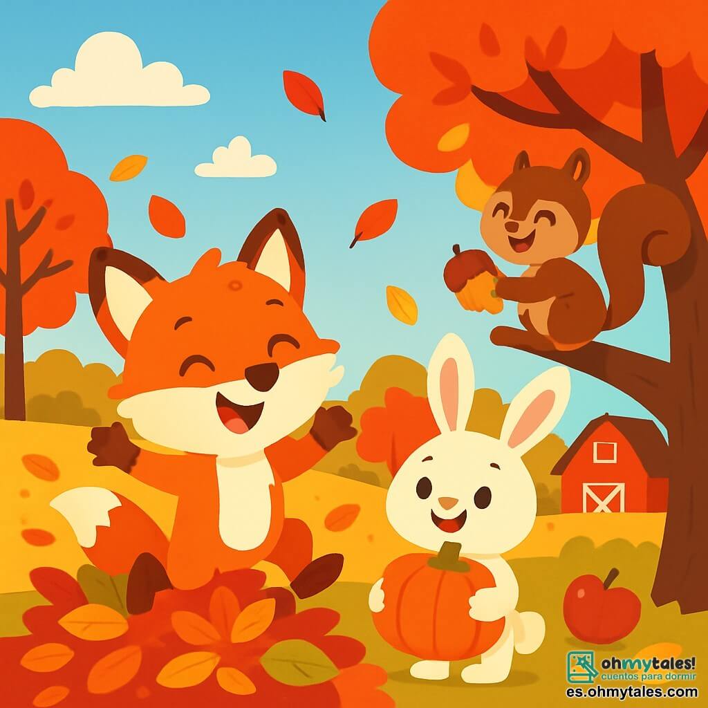 Zorrito, un pequeño zorro de pelaje rojo brillante y ojos chispeantes de alegría, salta felizmente en un montón de hojas de otoño de colores vivos, con una gran sonrisa en su rostro. A su lado, Conejita, una adorable coneja de grandes orejas y pelaje blanco, sonríe sosteniendo una gran calabaza naranja, llena de emoción. Ardilla, una pequeña ardilla de ojos traviesos y pelaje marrón, trepa por una rama, sosteniendo una nuez dorada en sus patas, riendo con entusiasmo. El decorado es una hermosa granja en otoño, con árboles de hojas rojizas, campos dorados y un cielo azul claro salpicado de nubes blancas y esponjosas. La escena muestra a Zorrito y sus amigos divirtiéndose juntos, rodeados de frutas coloridas y hojas que caen, compartiendo risas y sonrisas, celebrando la belleza del otoño.