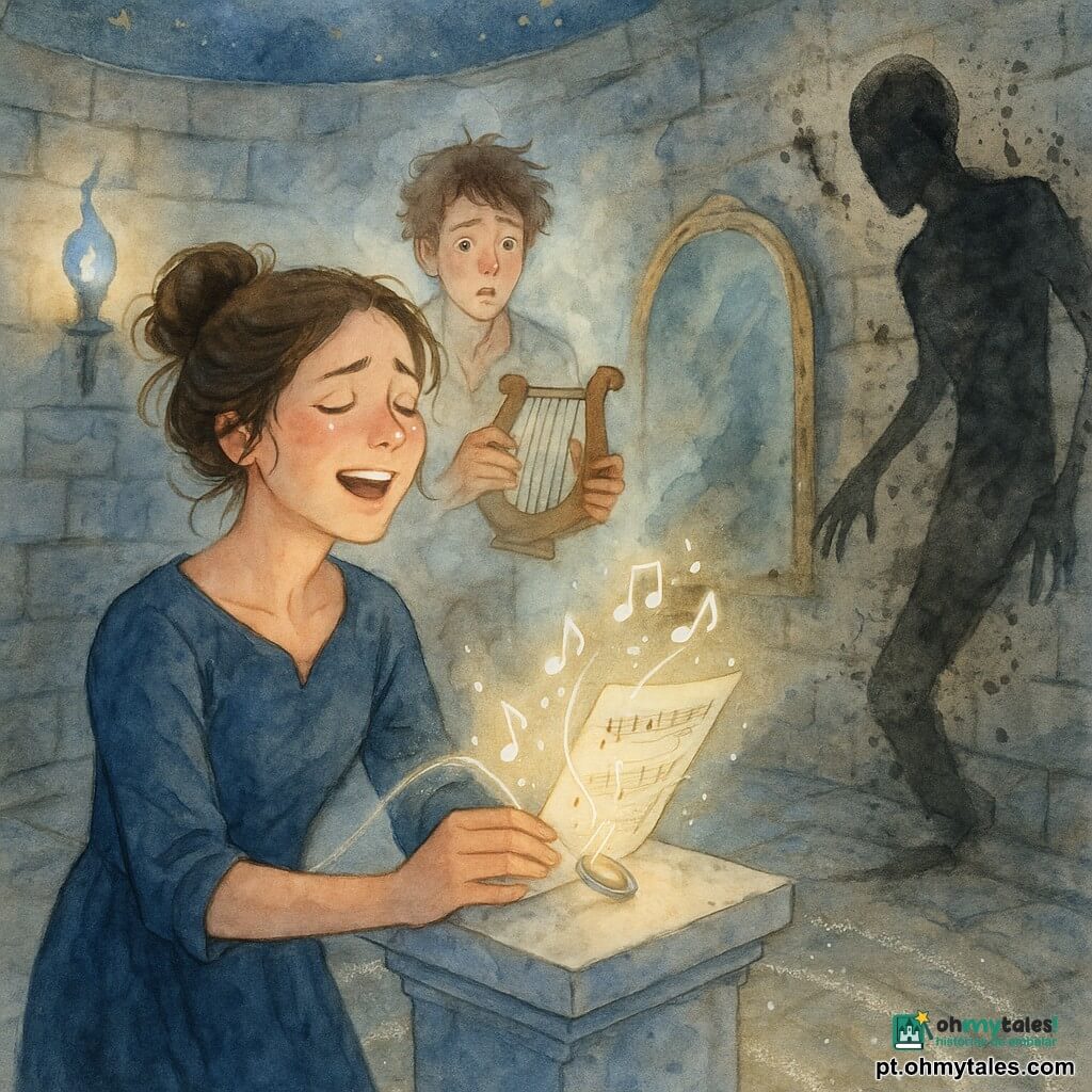 A personagem principal é uma mulher adulta, rosto determinado e suave, olhos brilhando de lágrimas de alegria, cabelo castanho-escuro preso em um coque solto, vestida com um vestido azul-noite simples amarrotado; ela canta enquanto põe uma folha de música e um fragmento de corda de harpa sobre um pedestal de mármore para despertar a partitura. Um personagem secundário é um homem adulto que surge como névoa personificada, cabelo castanho desgrenhado, olhar surpreso e emocionado, segurando uma pequena harpa de madeira e parado alguns passos atrás do pedestal. Há também uma sombra antagonista em forma humana alongada feita de tinta preta rachada, recuando contra a parede com bordas borradas e gotejantes. O local é uma sala redonda de pedra fria, teto pintado com estrelas parcialmente apagadas, tochas de chama azul projetando luz tremulante, chão coberto por círculos de sal e poeira cintilante, e um grande espelho antigo entreaberto numa parede. Enquanto ela canta, notas de luz saem da folha e enrolam a corda da harpa em torno do anel de prata em seu dedo, a sala se ilumina progressivamente e a sombra se retira — atmosfera mágica, íntima e vitoriosa.