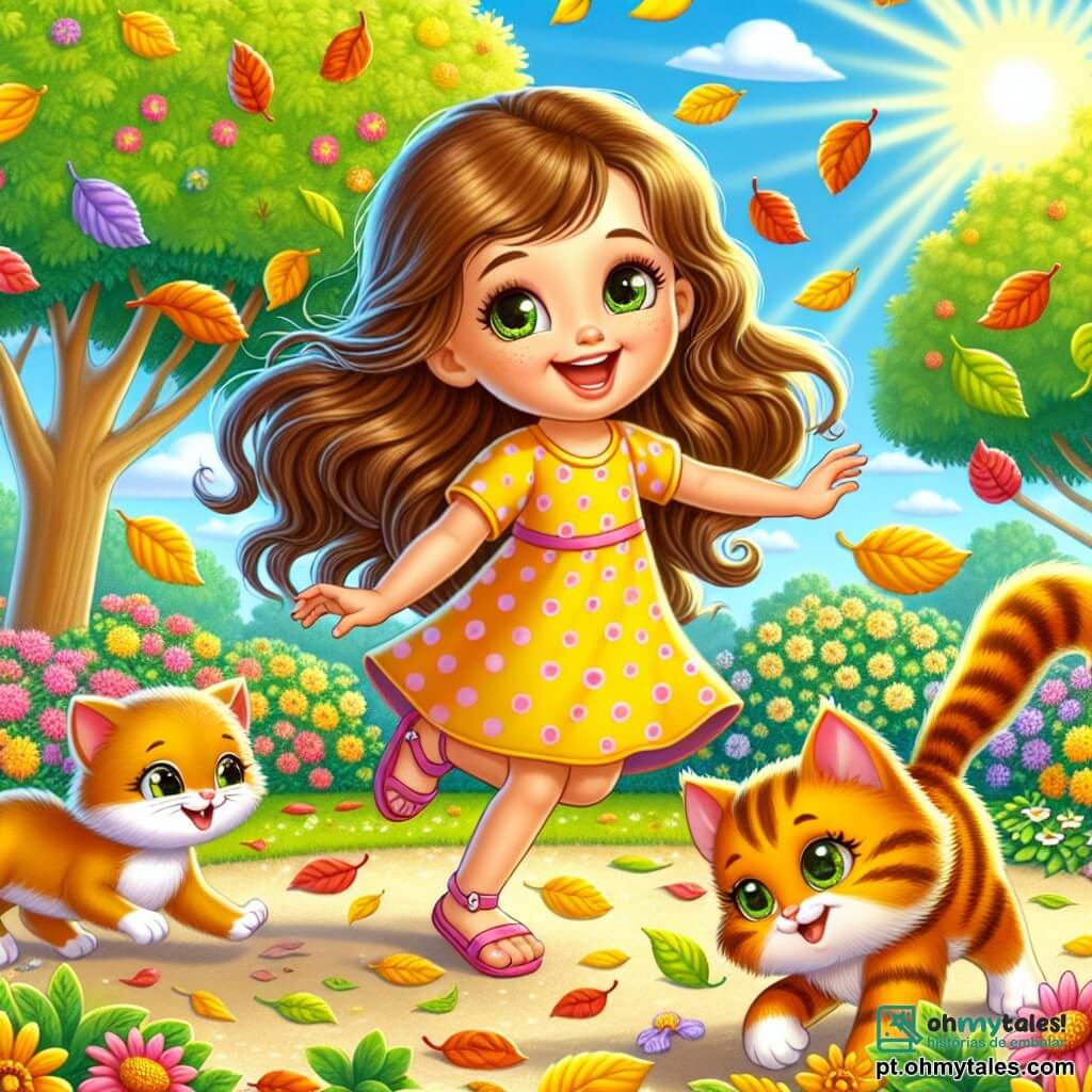 Uma menina de 6 anos, chamada Maria, com longos cabelos castanhos e olhos curiosos, dança alegremente em um jardim ensolarado, cercada por folhas coloridas que caem das árvores. Ela usa um vestido amarelo de bolinhas e sandálias rosas, e seu rosto brilha com um grande sorriso, mostrando seu entusiasmo e alegria. Ao lado dela, um gato laranja, com pelagem brilhante e olhos verdes travessos, faz piruetas tentando imitar os movimentos de Maria, enquanto um gato preto, um pouco menor, com olhos amarelos, fica atrás, rindo e caindo em uma pilha de folhas. O jardim está cheio de flores vibrantes, grandes árvores com galhos estendidos, e um céu azul claro, salpicado de algumas nuvens brancas, cria uma atmosfera alegre e lúdica. A cena principal mostra Maria e os dois gatos dançando juntos, rindo e se divertindo, enquanto uma chuva de folhas coloridas cai ao redor deles, criando uma cena mágica e cheia de vida.
