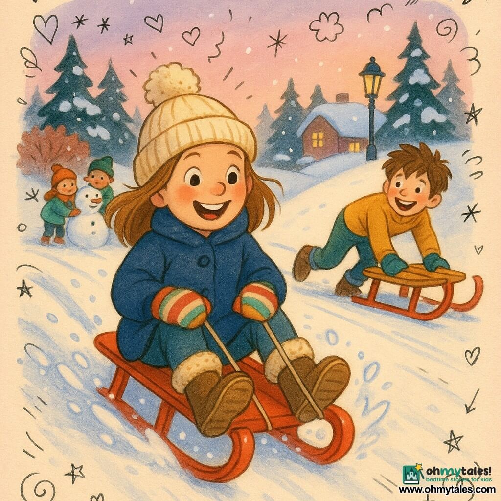 An 8-year-old girl with bright eyes and rosy cheeks, happy and excited, grins as she sleds down a small hill on a shiny red sled wearing a navy coat, cream pompom hat, striped mittens and fur-lined boots; about 8-year-old Sam, with tousled brown hair, laughs and pushes his sled a few meters to the right behind her; two other children build a snowman in the background to the left near a thicket; the scene shows fresh sparkling snow, dark snow-dusted pines, snow-covered houses and wrought-iron lampposts under a pink-purple twilight sky, a joyful downhill sled race with powdery snow spray, sled tracks, dynamic movement and visible laughter, a warm winter atmosphere despite the cold.
