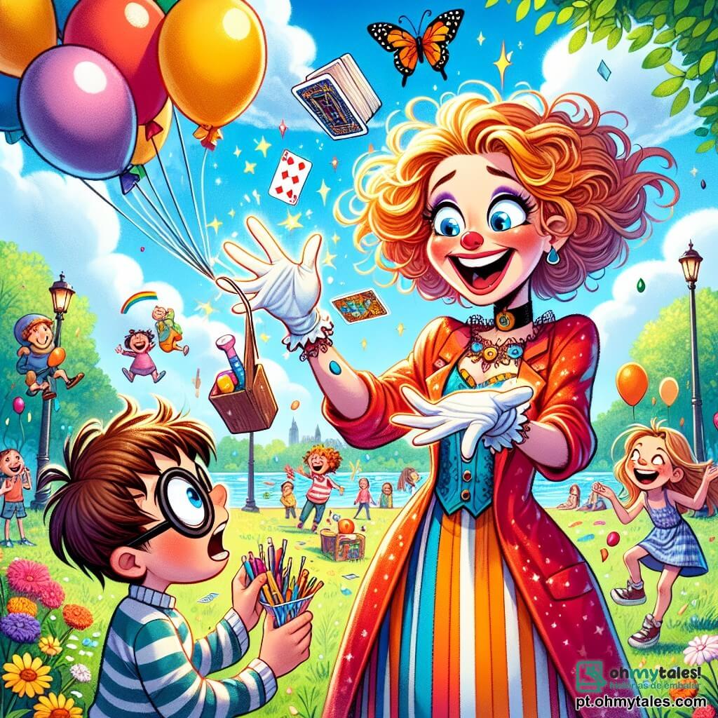 Clara, uma mulher de cabelos desgrenhados e brilhantes, usa um traje colorido e divertido, com uma capa esvoaçante. Ela sorri amplamente, mostrando sua alegria e empolgação, enquanto faz objetos dançarem ao seu redor com um gesto da mão. Ao lado dela, Pedro, um garoto de cerca de 10 anos, com cabelos castanhos e óculos redondos, observa maravilhado, segurando um baralho nas mãos. Ele tenta entender como Clara faz os objetos flutuarem, com um olhar curioso e divertido. O cenário é um parque ensolarado, repleto de árvores verdes, flores coloridas e um grupo de crianças rindo e brincando ao redor. Ao fundo, vê-se um grande céu azul com nuvens brancas, criando uma atmosfera alegre e leve. A cena principal mostra Clara, com um gesto mágico, fazendo flutuar balões, brinquedos e livros no ar, provocando risadas e aplausos das crianças encantadas ao seu redor.